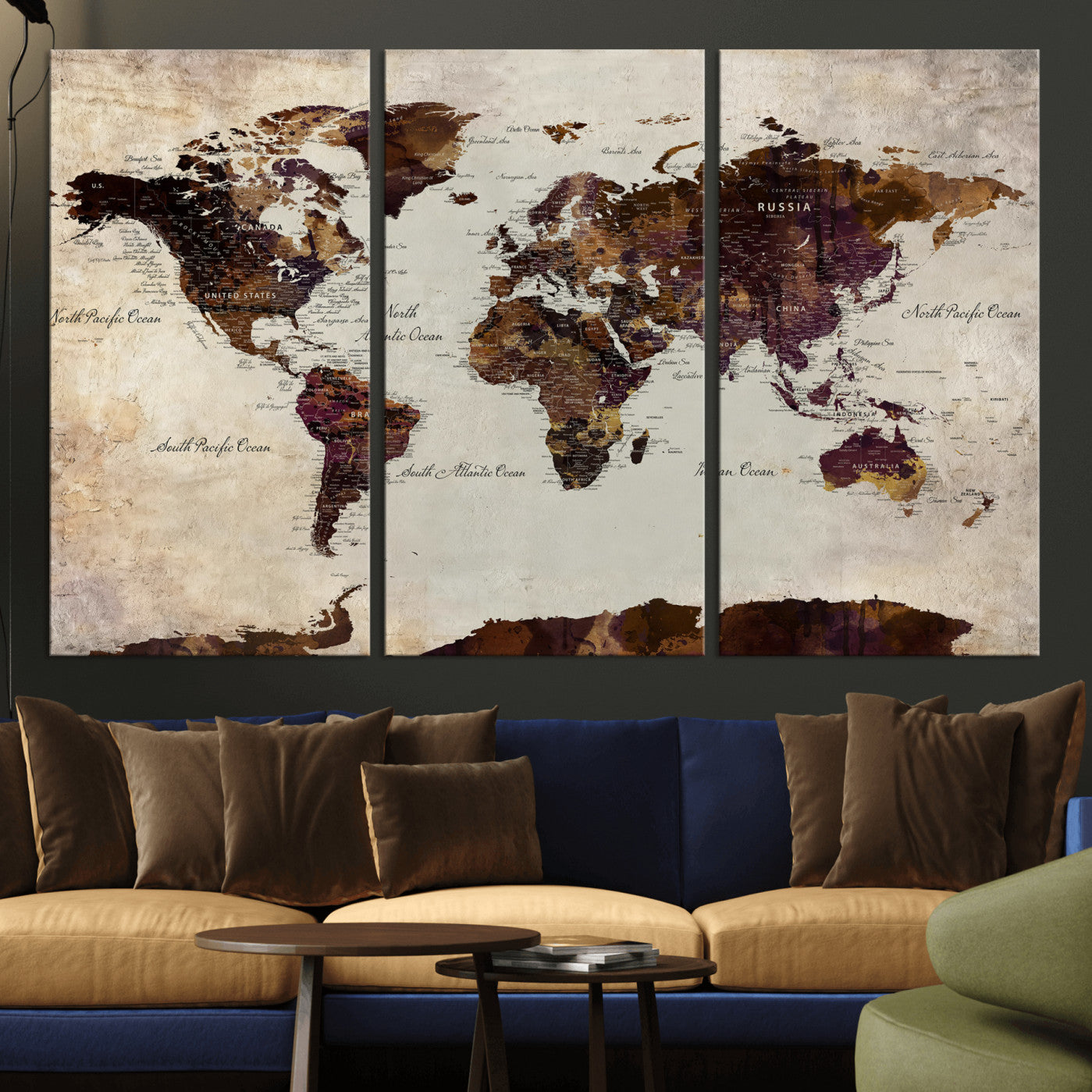 50611123-MGV-CV-36X24 - World Map Canvas Triptych – Colorful Global Wall Art for Living Rooms, Offices, and Study Spaces