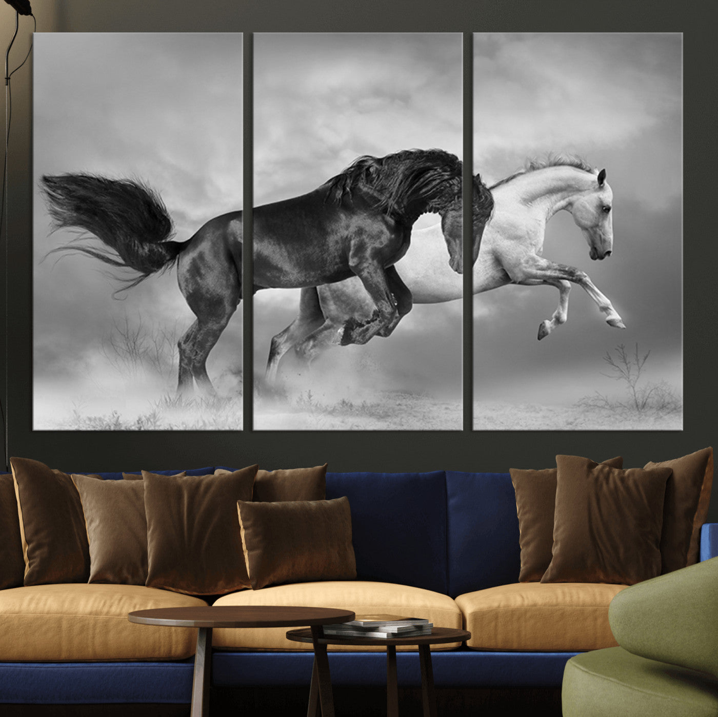 -Wild Horses Wall Art Canvas Print – Framed Black and White Galloping Horses Dynamic Animal Artwork for Home, Office