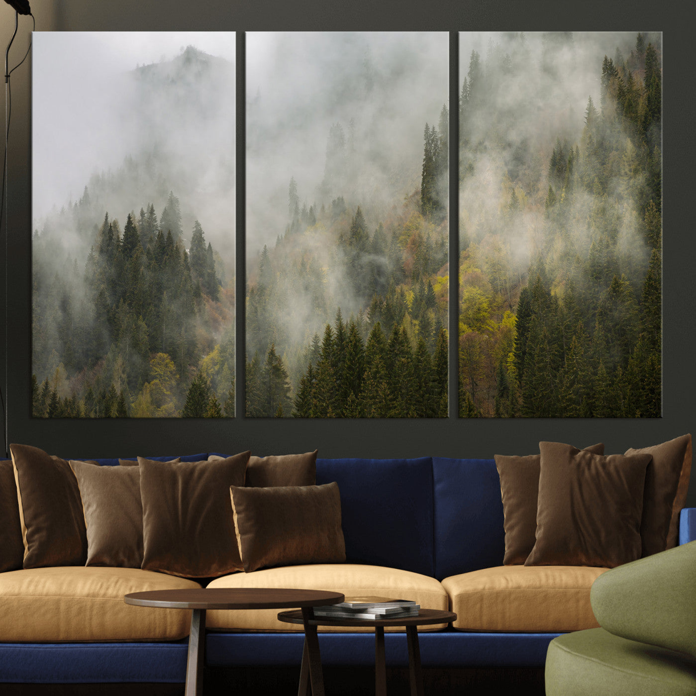 31152954-MGV-CV-36X24 - Misty Mountain Forest Canvas Print, Foggy Pine Trees Nature Wall Art, Framed Canvas Ready to Hang