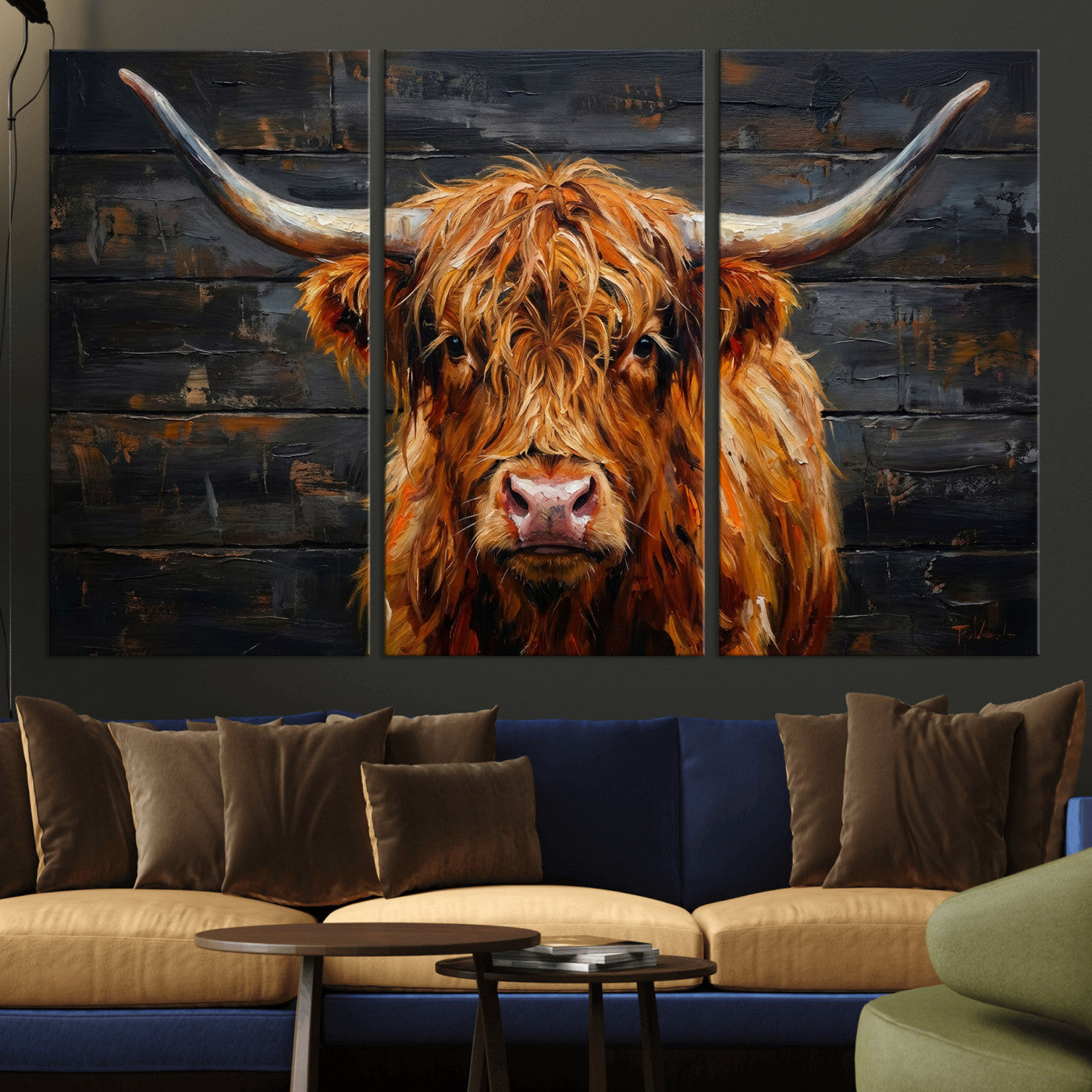32536611-MGV-CV-36X24 - Highland Cow Wall Art Canvas Print, Rustic Farm Animal Painting, Framed Wall Art Ready to Hang
