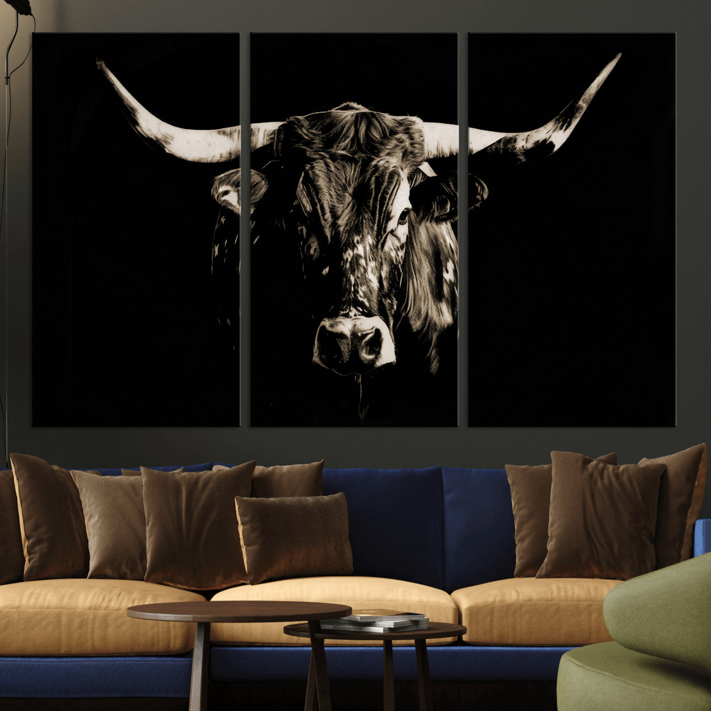 75774468-MGV-CV-36X24 - Black Bull Wall Art Canvas Print, Dark Longhorn Portrait Photography, Framed Wall Art Ready to Hang