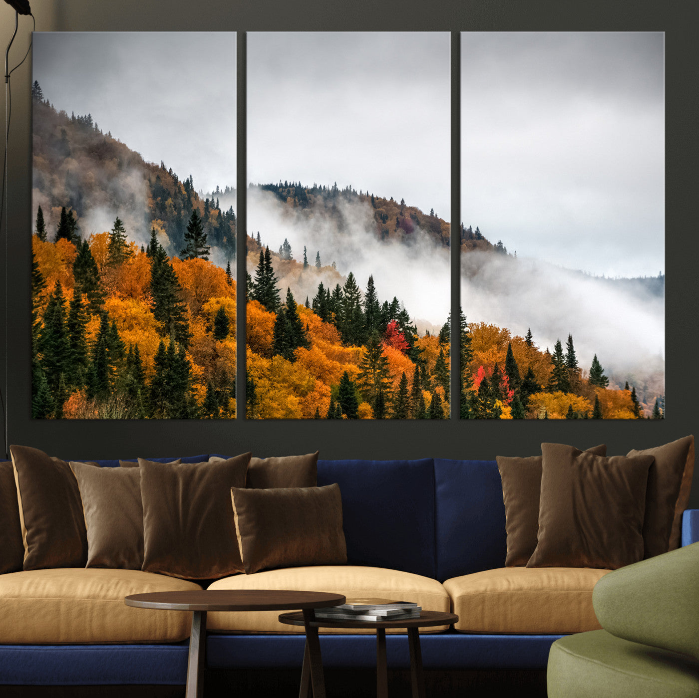93581632-MGV-CV-36X24 - Autumn Forest Wall Art Canvas Print, Foggy Mountain Landscape Nature Photography, Framed Wall Art Ready to Hang