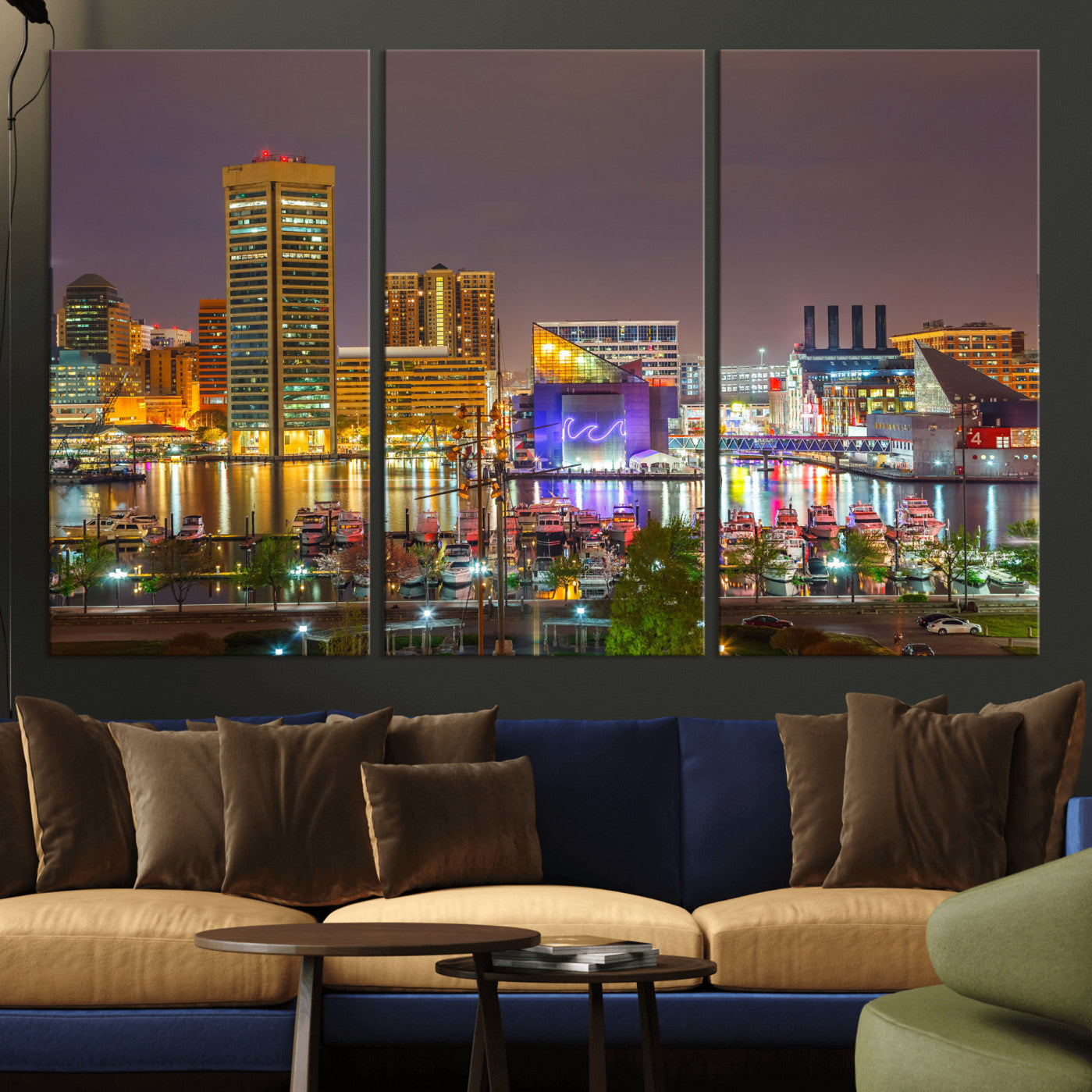 42654823-MGV-CV-36X24 - Baltimore Skyline Wall Art Canvas Print, Baltimore Downtown Night Cityscape Print for Modern Urban Wall Decor