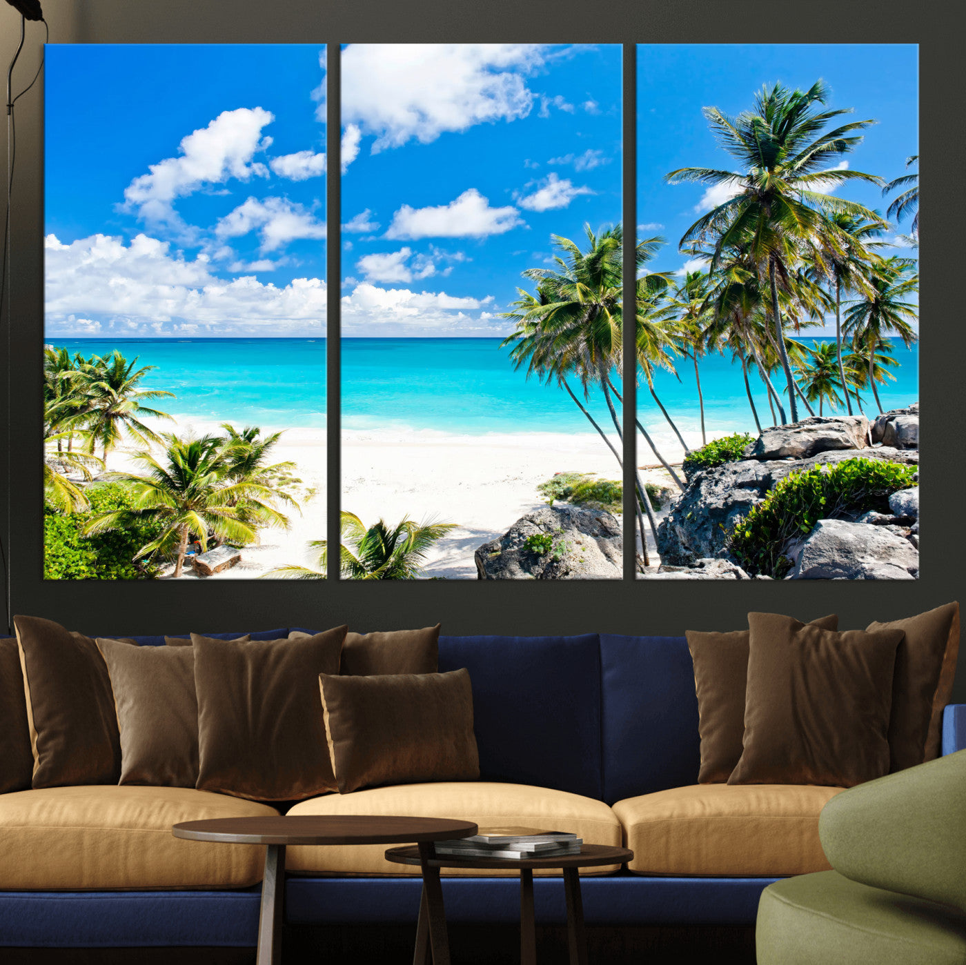 29232878-MGV-CV-36X24 - Barbados Beach Wall Art Canvas Print, Palm Tree Ocean Landscape, Turquoise Sea Coastal Photography, Tropical Island Wall Decor, Framed Ready to Hang