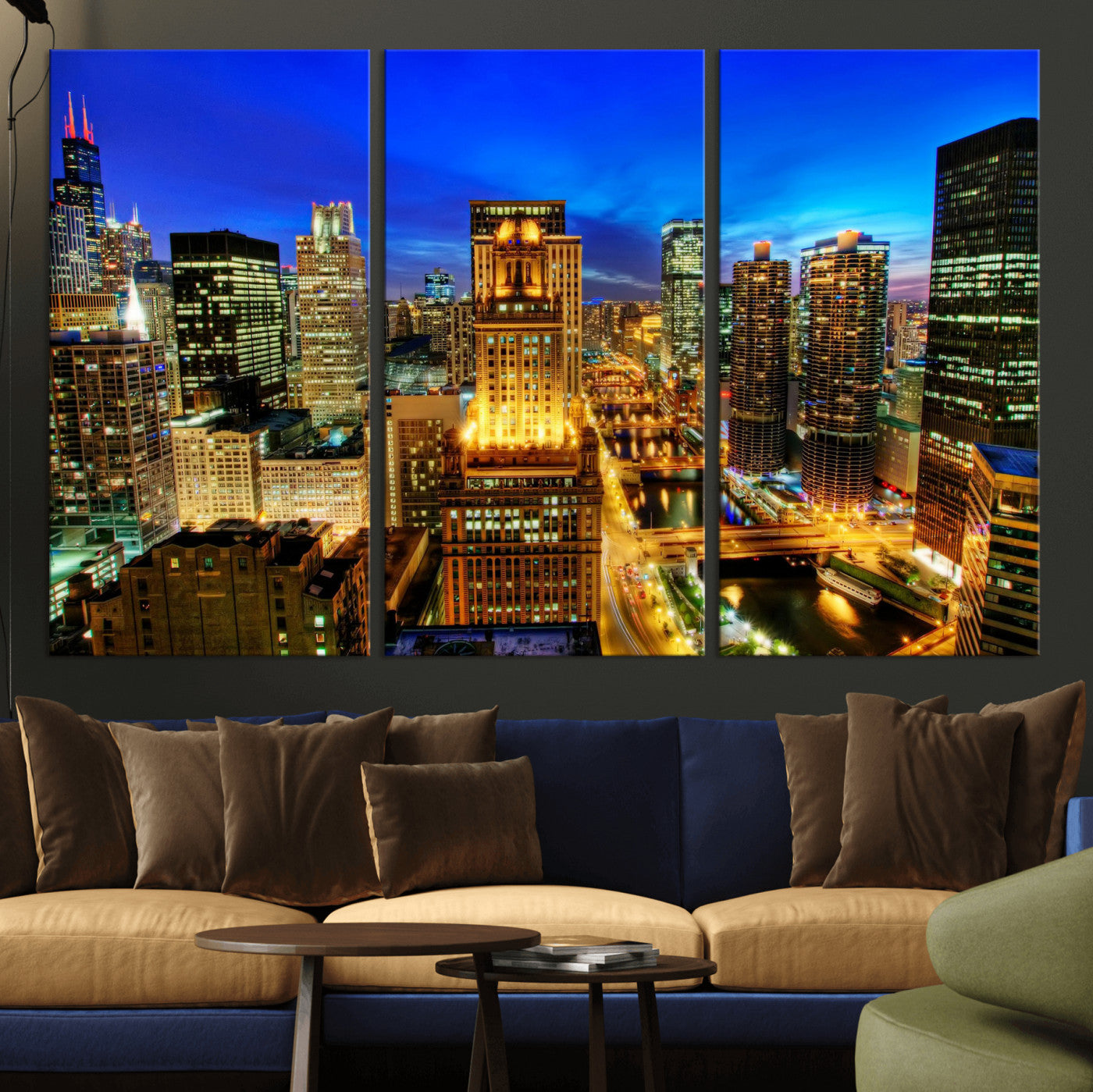 46298885-MGV-CV-36X24 - Chicago Wall Art Canvas Print, Chicago City Downtown Night Cityscape Print for Modern Urban Wall Decor