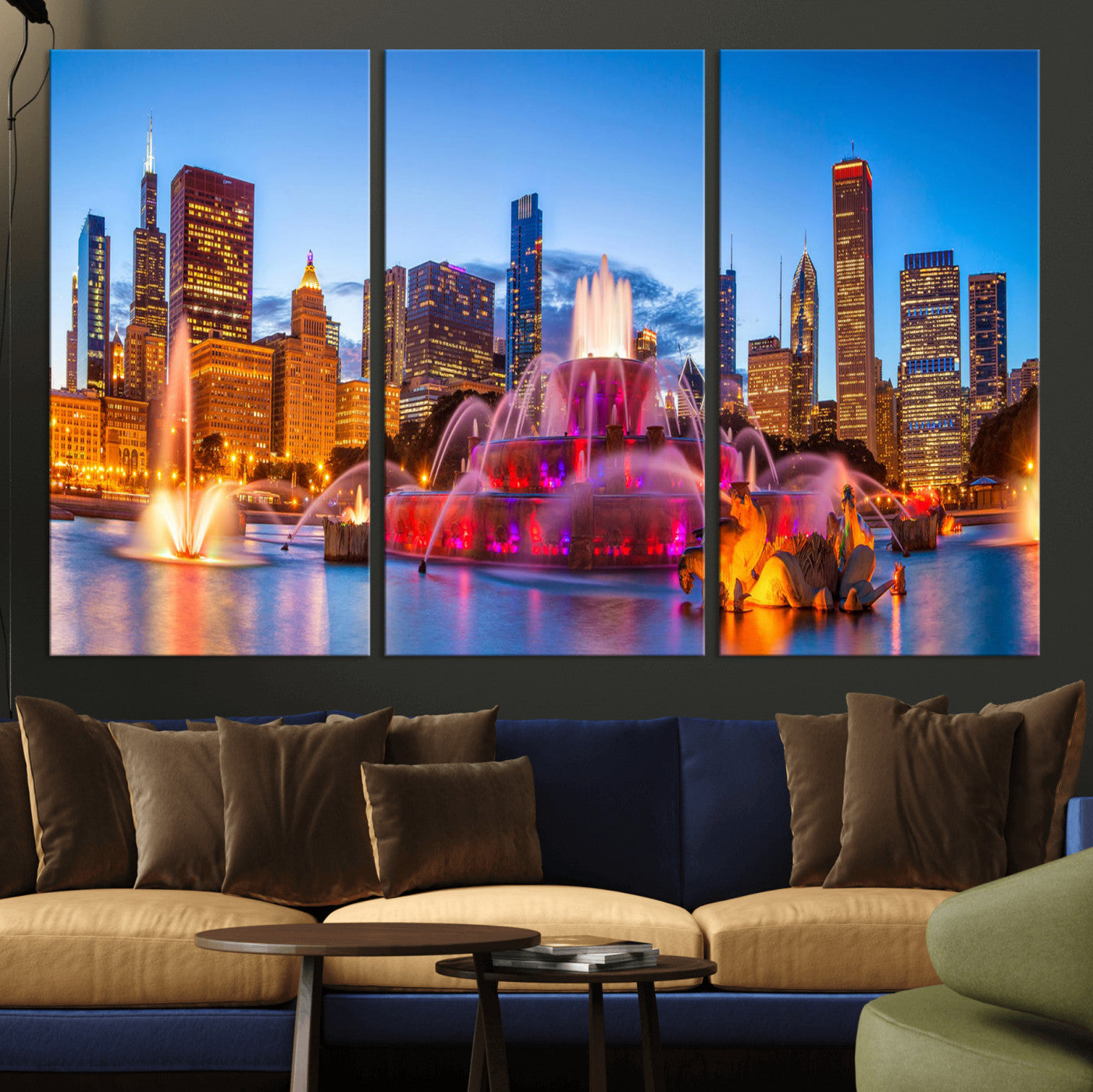 20251989-MGV-CV-36X24 - Chicago Wall Art Canvas Print, Chicago City Downtown Night Cityscape Print for Modern Urban Wall Decor