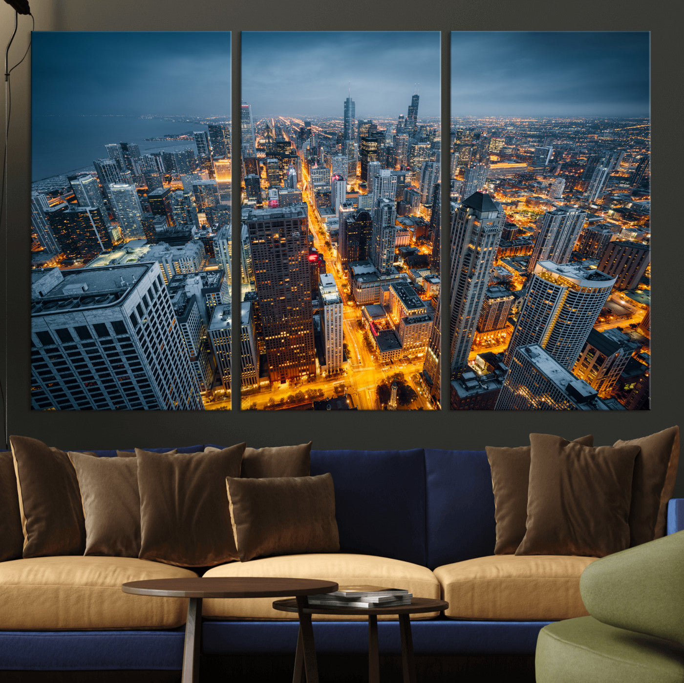 81742538-MGV-CV-36X24 - Chicago Wall Art Canvas Print, Chicago City Downtown Night Cityscape Print for Modern Urban Wall Decor