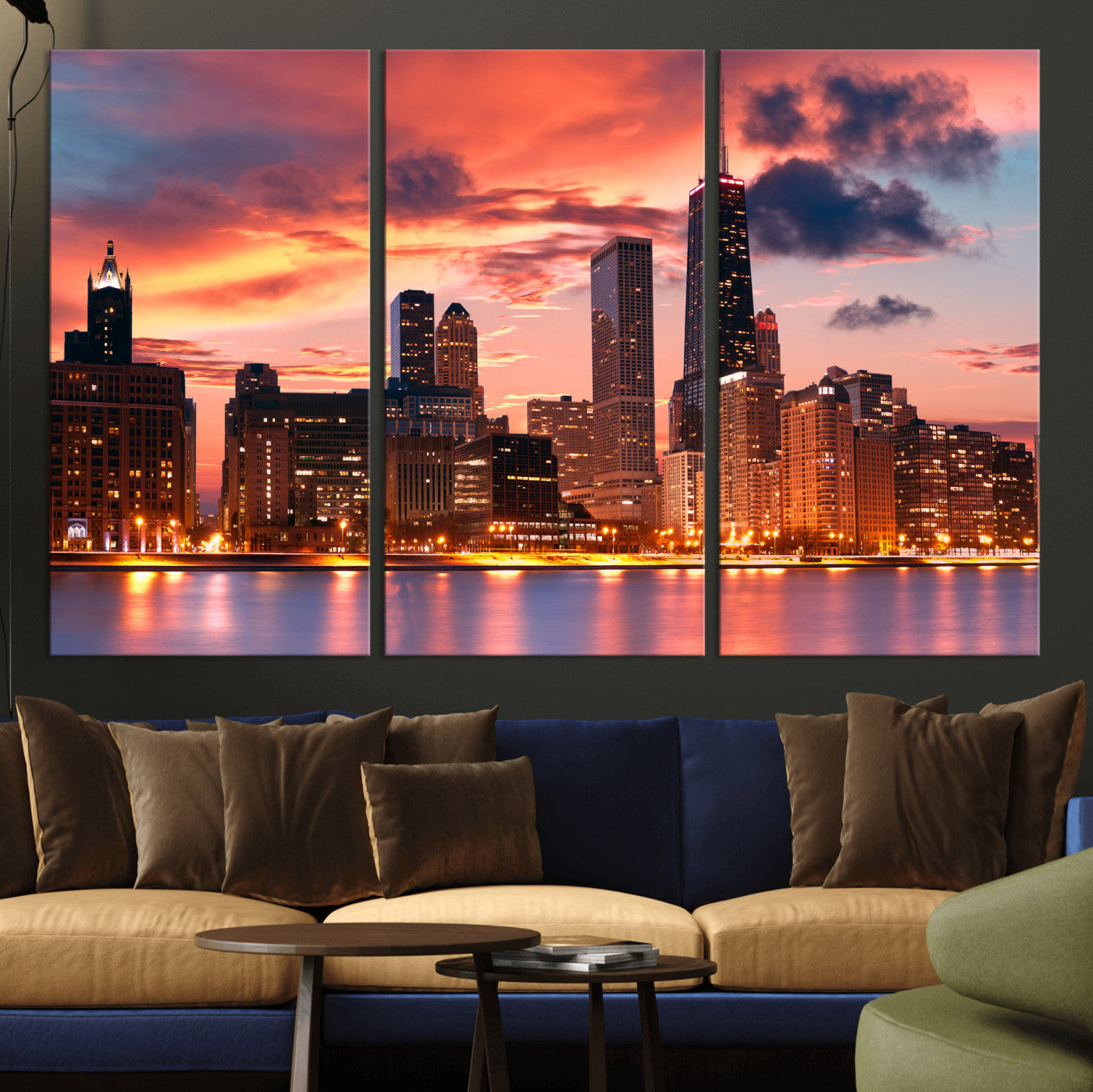 80390109-MGV-CV-36X24 - Chicago Wall Art Canvas Print, Chicago City Downtown Night Cityscape Print for Modern Urban Wall Decor