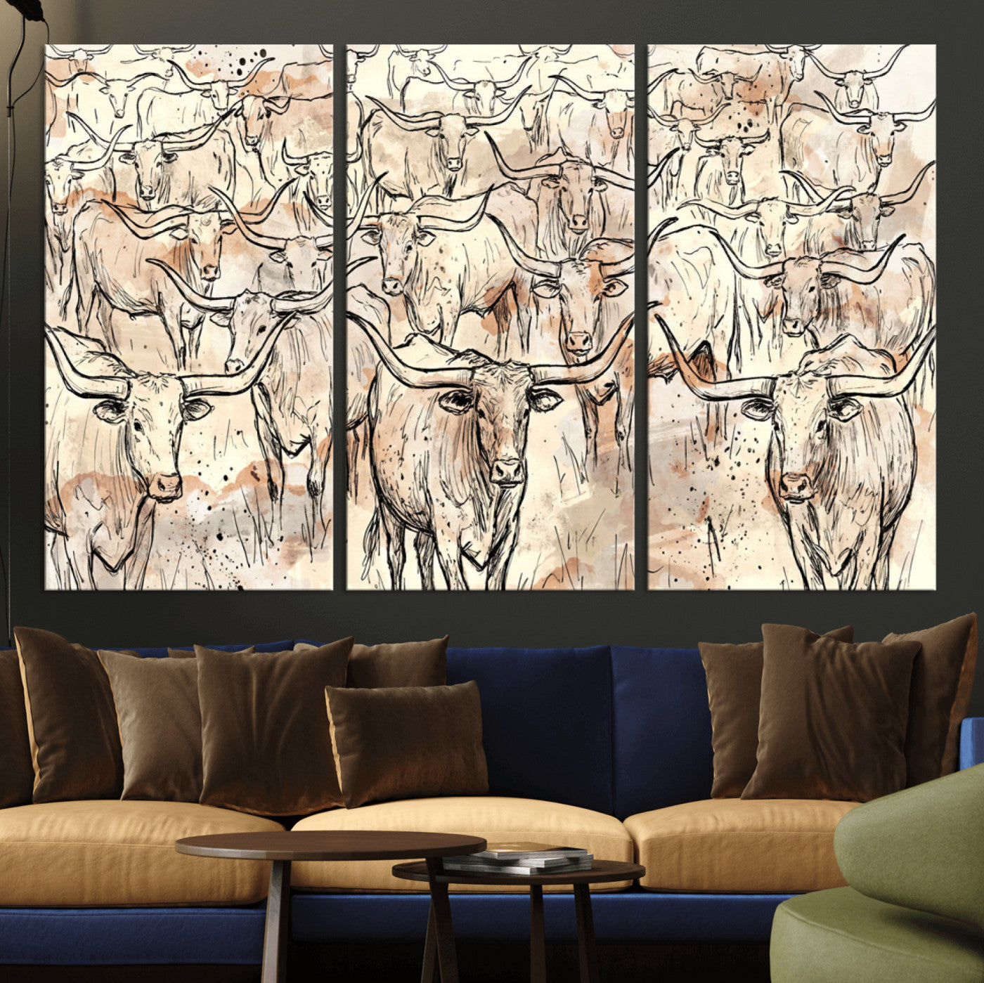 94055403-MGV-CV-36X24 - Farmhouse Animals Wall Art Canvas Print - Abstract Farm Animal Drawing Mid-Century Wall Art for Cabin Decor