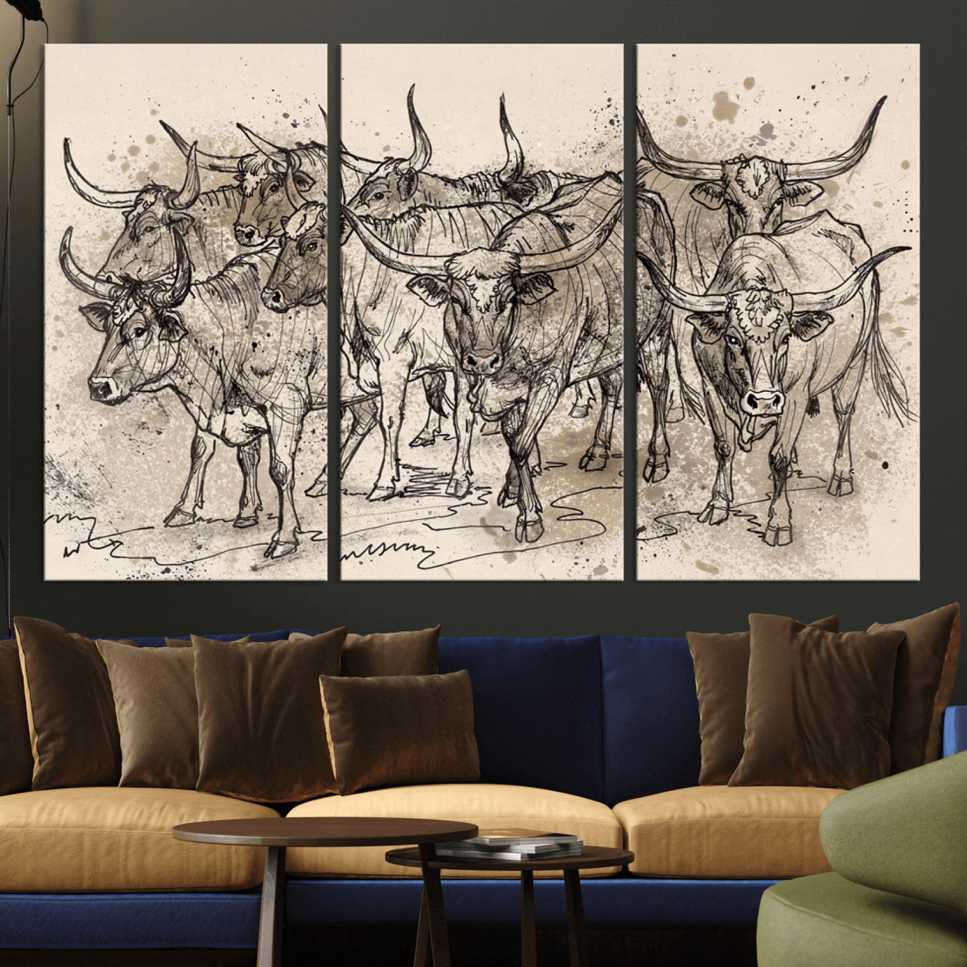 74232558-MGV-CV-36X24 - Farmhouse Animals Wall Art Canvas Print - Abstract Farm Animal Drawing Mid-Century Wall Art for Cabin Decor