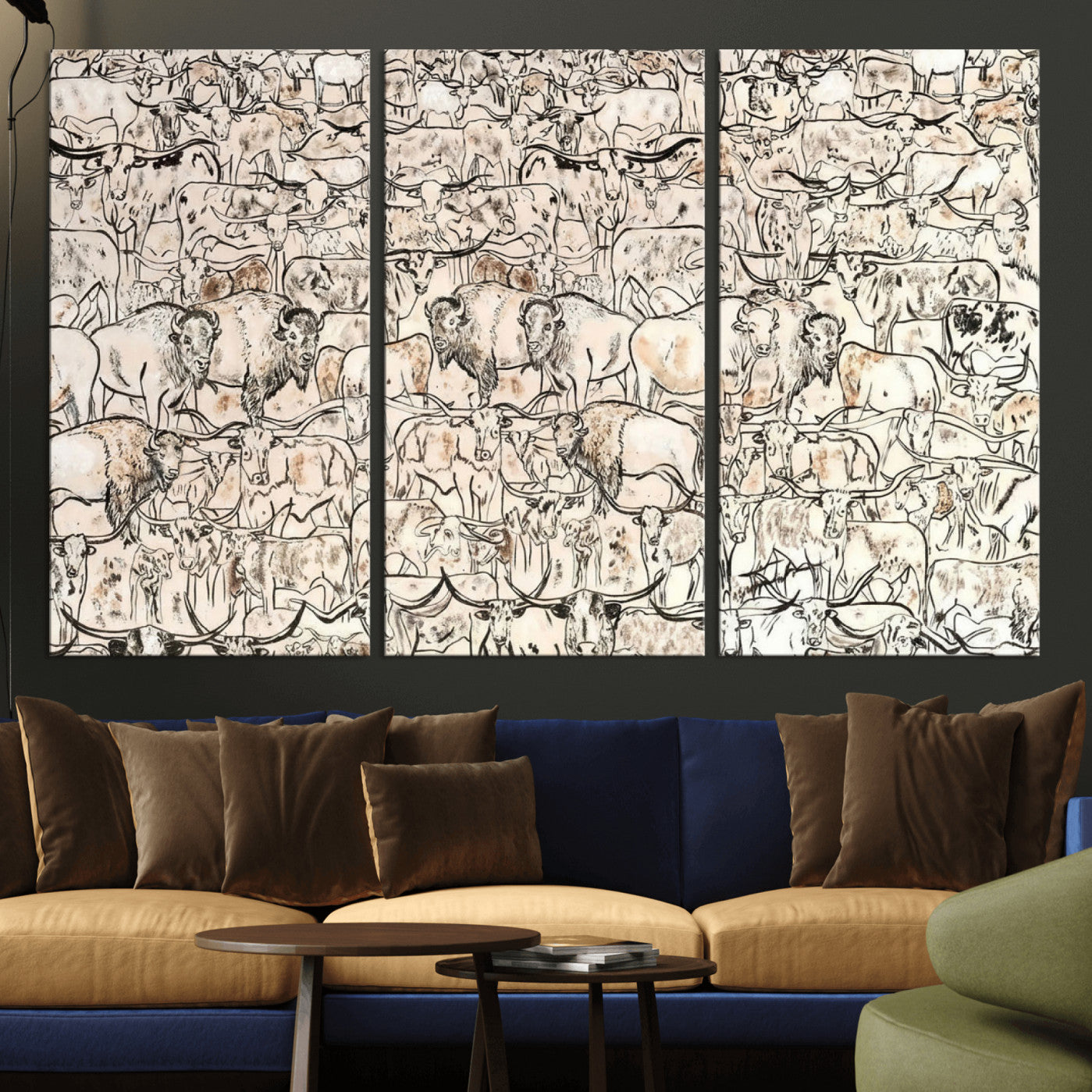 36925875-MGV-CV-36X24 - Farmhouse Animals Wall Art Canvas Print - Abstract Farm Animal Drawing Mid-Century Wall Art for Cabin Decor
