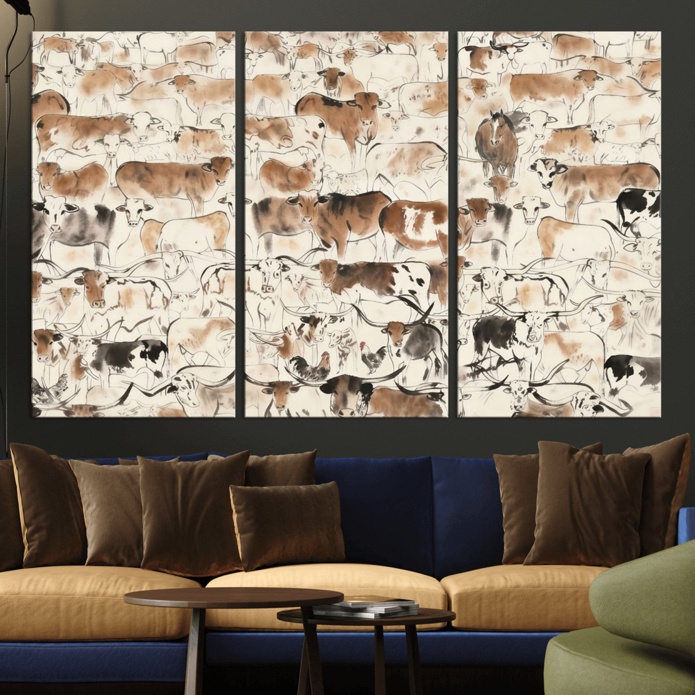 69961368-MGV-CV-36X24 - Farmhouse Animals Wall Art Canvas Print - Abstract Farm Animal Drawing Mid-Century Wall Art for Cabin Decor