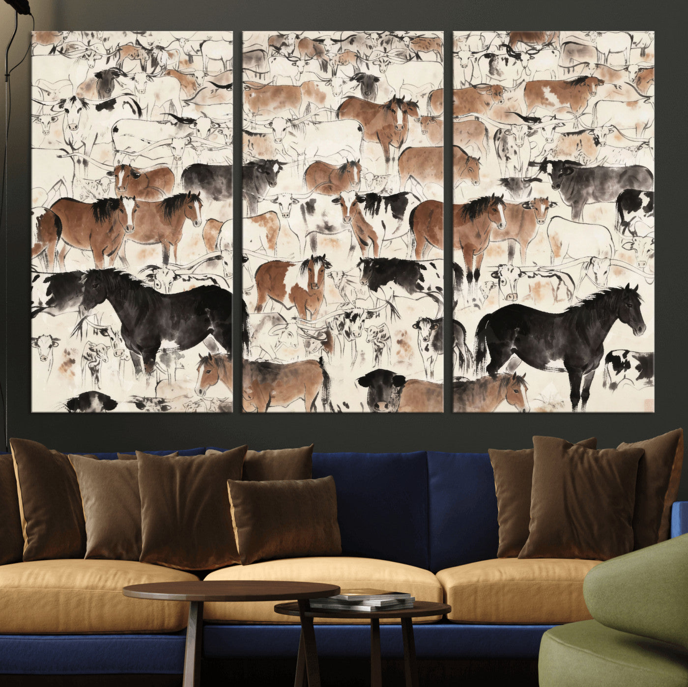 74171578-MGV-CV-36X24 - Farmhouse Animals Wall Art Canvas Print - Abstract Farm Animal Drawing Mid-Century Wall Art for Cabin Decor