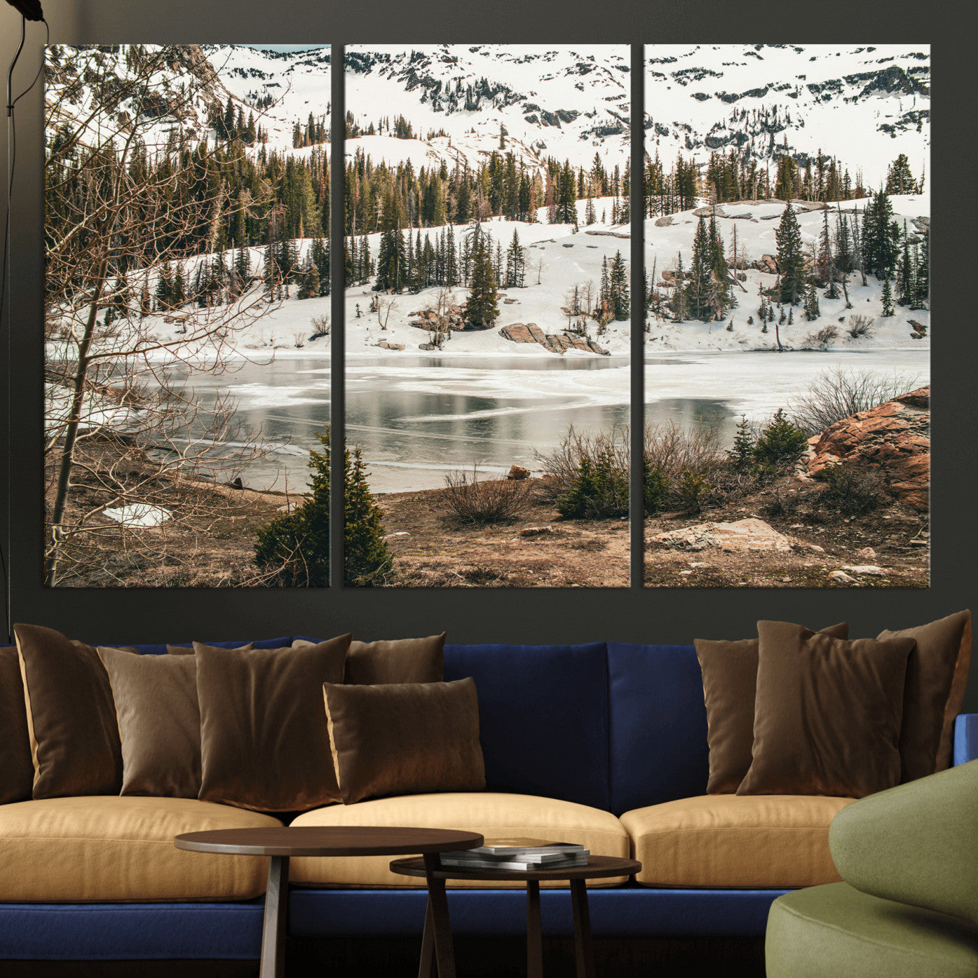 10336249-MGV-CV-36X24 - Snowy Mountain Landscape Wall Art Canvas Print, Alpine Pine Forest Winter Nature Wall Decor for Living Room and Office