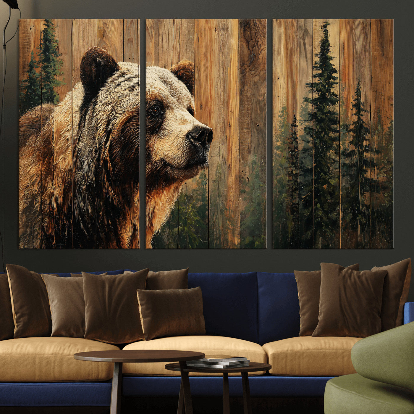 75645180-MGV-CV-36X24 - Grizzly Bear Wall Art Canvas Print, Rustic Wildlife Bear Artwork, Forest Animal Painting, Cabin Lodge Nature Wall Decor