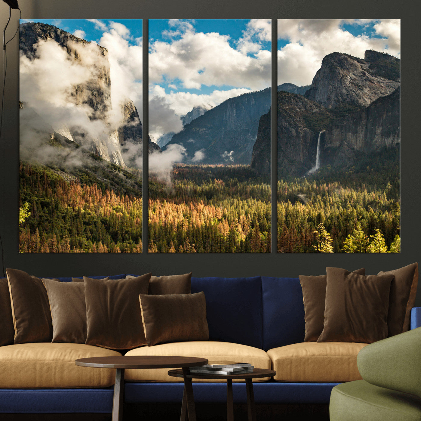 18271001-MGV-CV-36X24 - Yosemite Valley River Landscape Wall Art Canvas Print, Granite Cliffs Forest River Canvas Print, California National Park Moody Scenic Art Printi