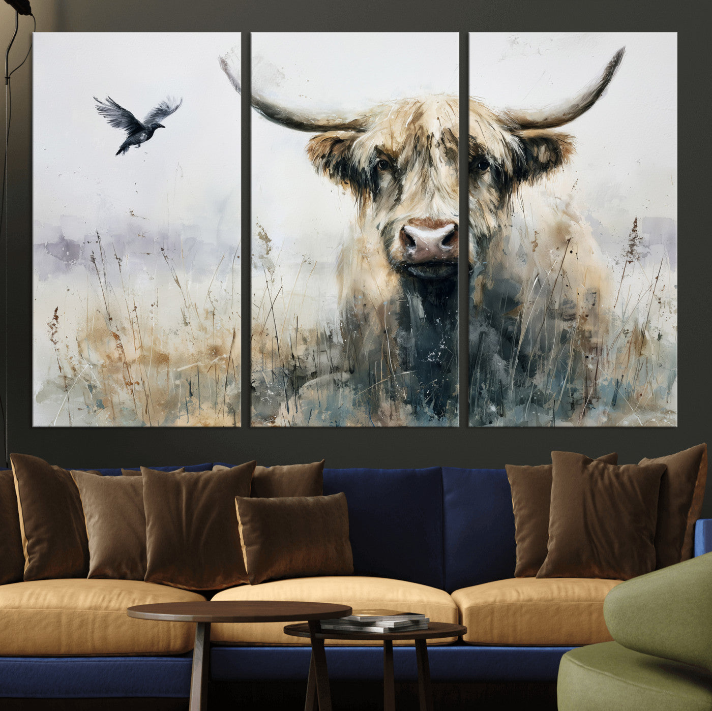 55652651-MGV-CV-36X24 - Abstract Highland Cow Watercolor Animal Wall Art Canvas Print, Rustic Farm Cattle Portrait Canvas Print, Neutral Wildlife Farmhouse Art Printing