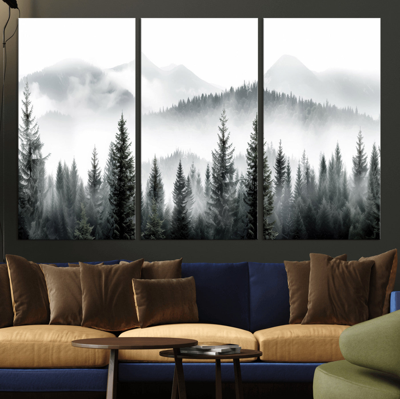 38819032-MGV-CV-36X24 - Misty Pine Forest Mountain Landscape Wall Art Canvas Print, Foggy Evergreen Trees Minimal Nature Canvas Print, Monochrome Wilderness Scenic Art Printing