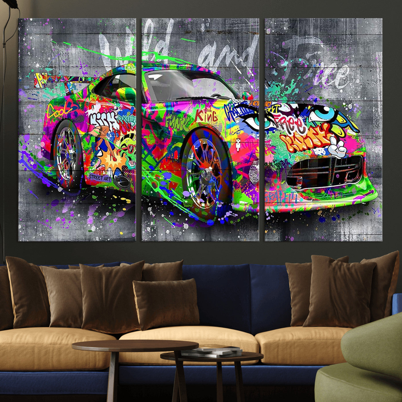 95314968-MGV-CV-36X24 - Graffiti Sports Car Street Art Wall Art Canvas Print, Colorful Urban Supercar Pop Art Canvas Print, Modern Graffiti Car Contemporary Art Printing