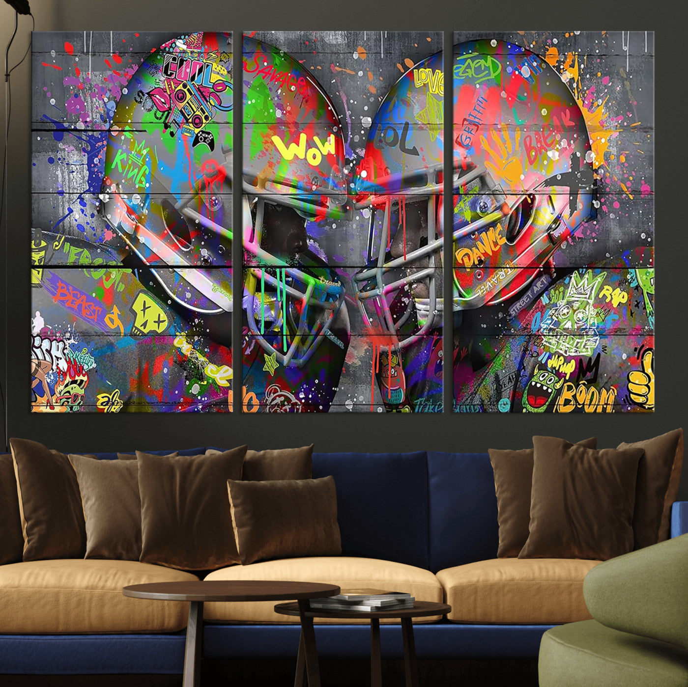 15309853-MGV-CV-36X24 - Graffiti Football Helmets Wall Art Canvas Print, Urban Street Art Sports Decor, Colorful American Football Graffiti Artwork