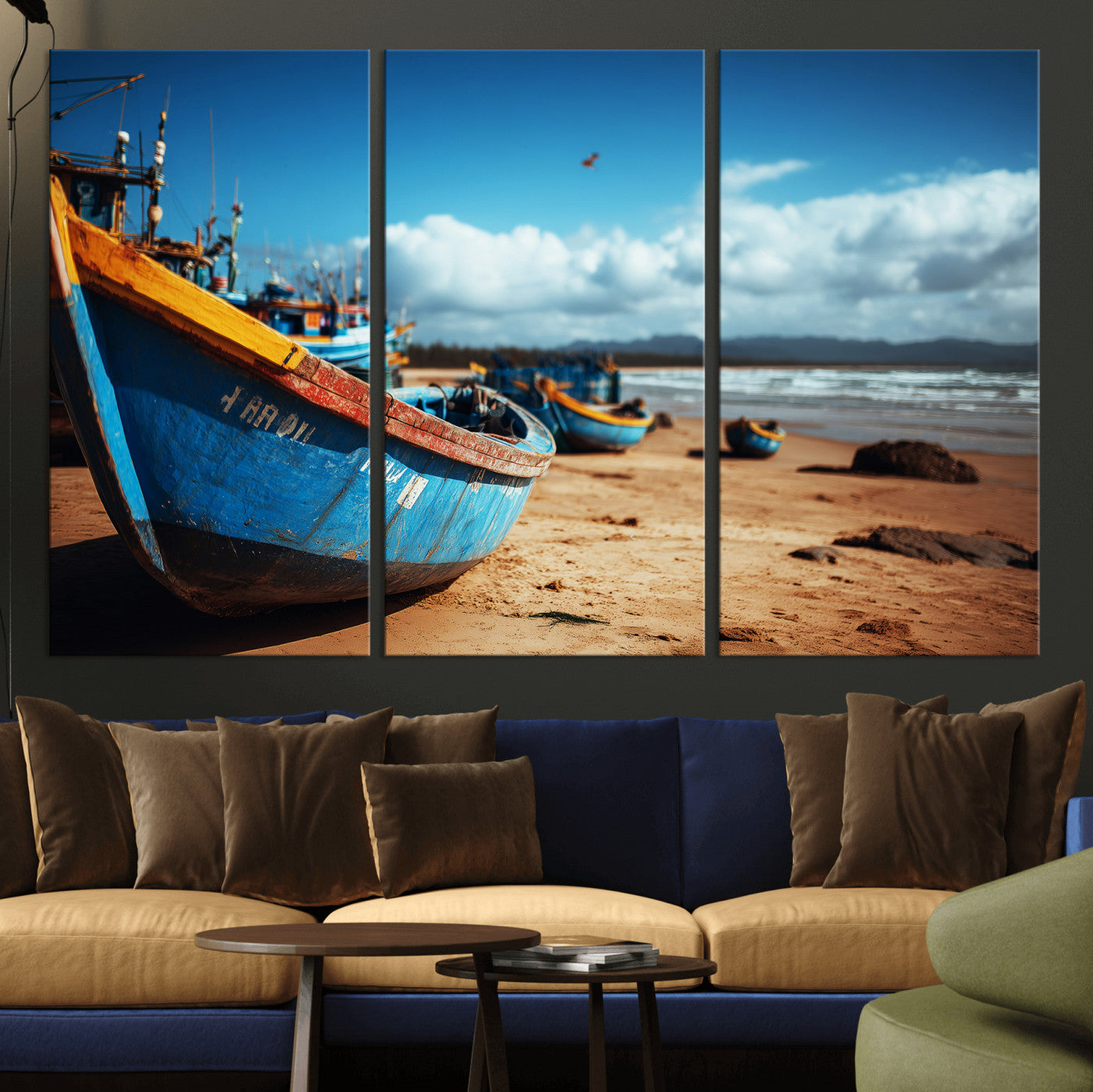 70925201-MGV-CV-36X24 - Fishing Boats Wall Art Canvas Print, Coastal Boat Beach Scene, Nautical Seaside Artwork, Ocean Shore Decor, Coastal Home Wall Art