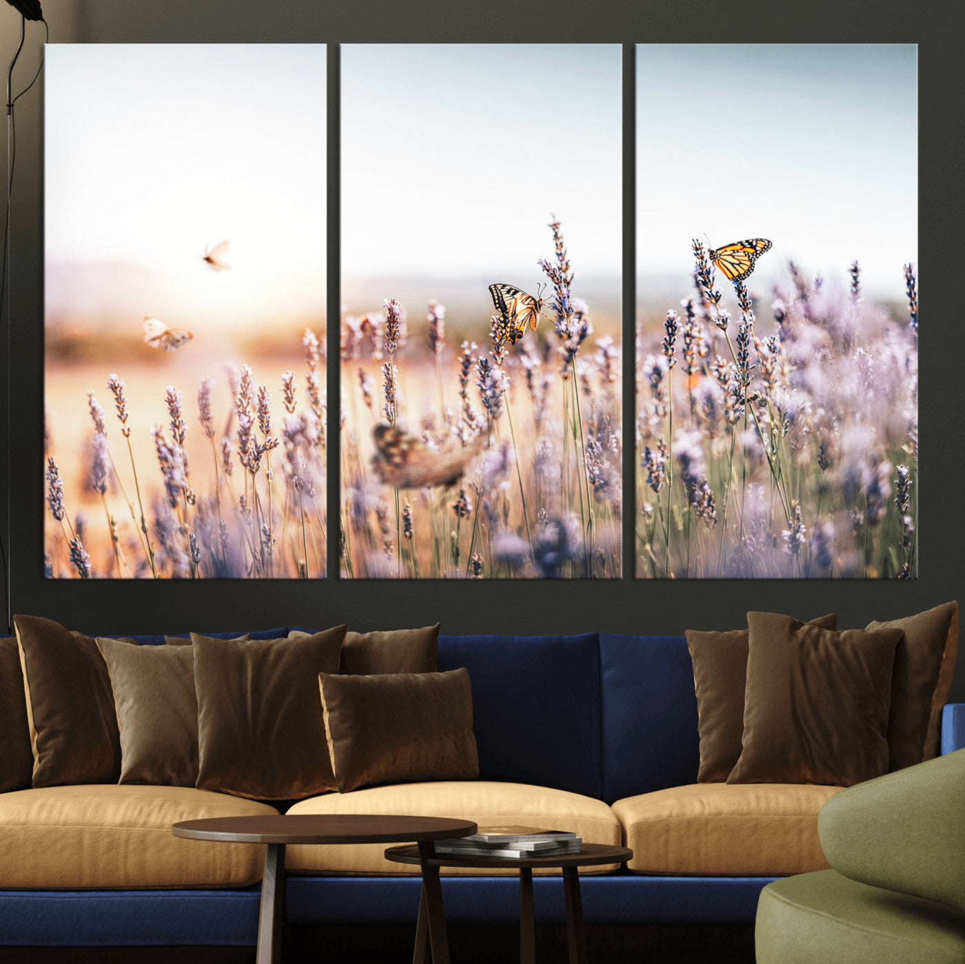 46417478-MGV-CV-36X24 - Lavender Field Wall Art Canvas Print, Butterfly Floral Landscape Art, Soft Nature Wall Decor for Bedroom