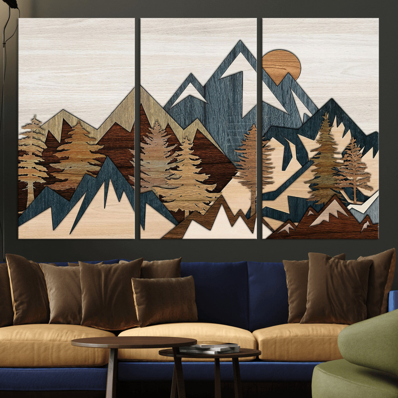 61833055-MGV-CV-36X24 - Mountain Forest Wall Art Canvas Print, Layered Wood Landscape Artwork, Rustic Nature Wall Decor for Living Room