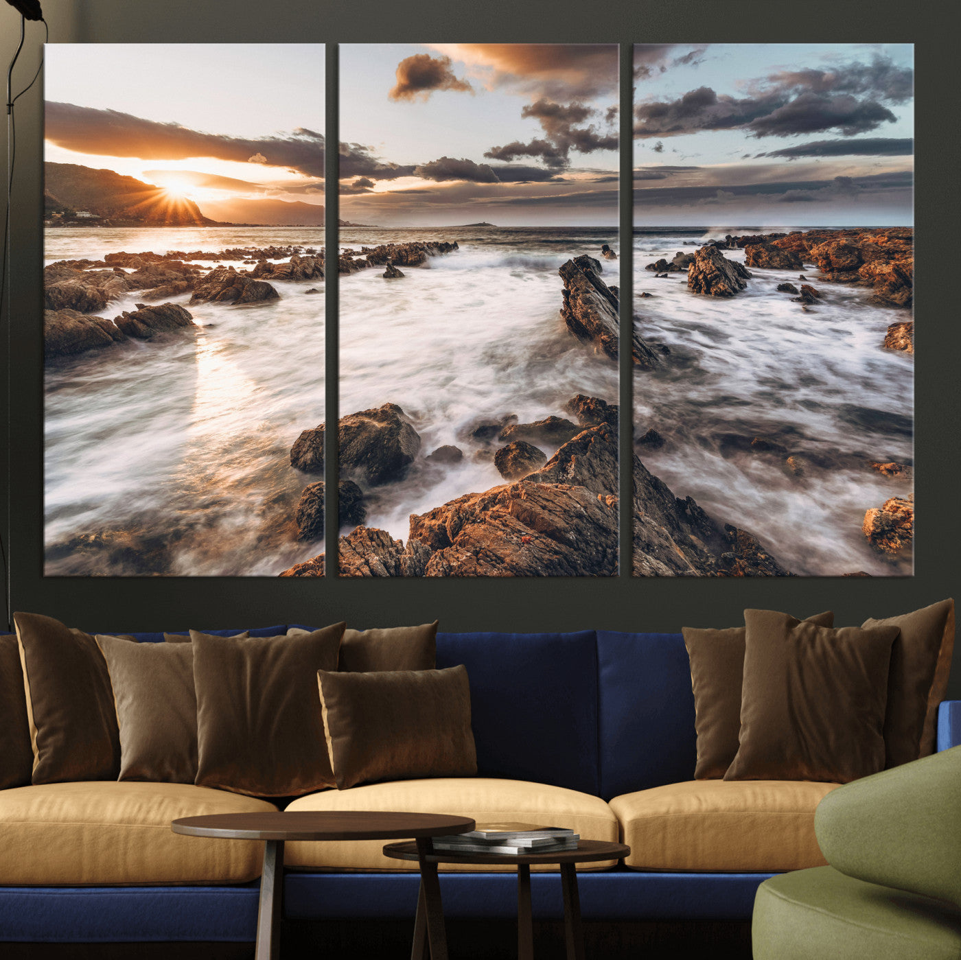 66746024-MGV-CV-36X24 - Rocky Coast Ocean Sunset Wall Art Canvas Print, Dramatic Seascape Nature Wall Decor for Living Room and Office