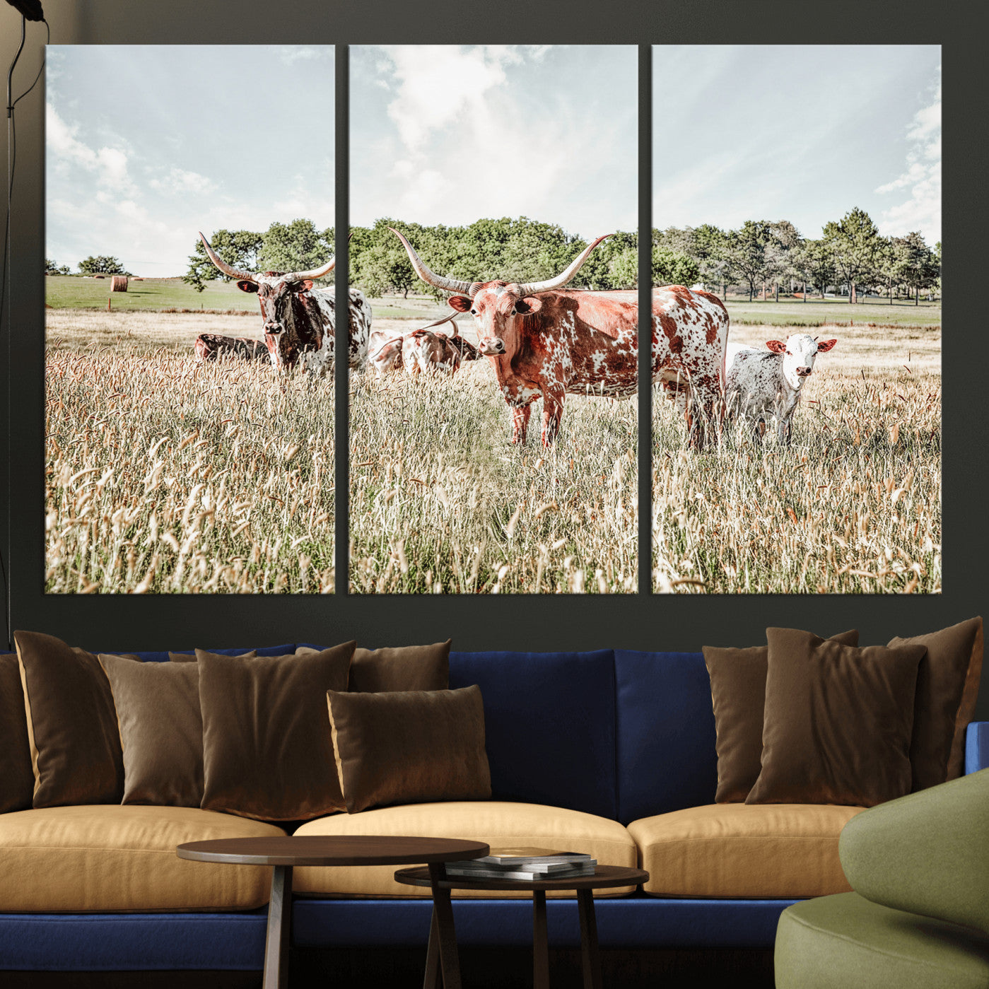 33963645-MGV-CV-36X24 - Texas Longhorn Cattle Wall Art Canvas Print, Western Ranch Landscape Nature Wall Decor for Living Room and Office