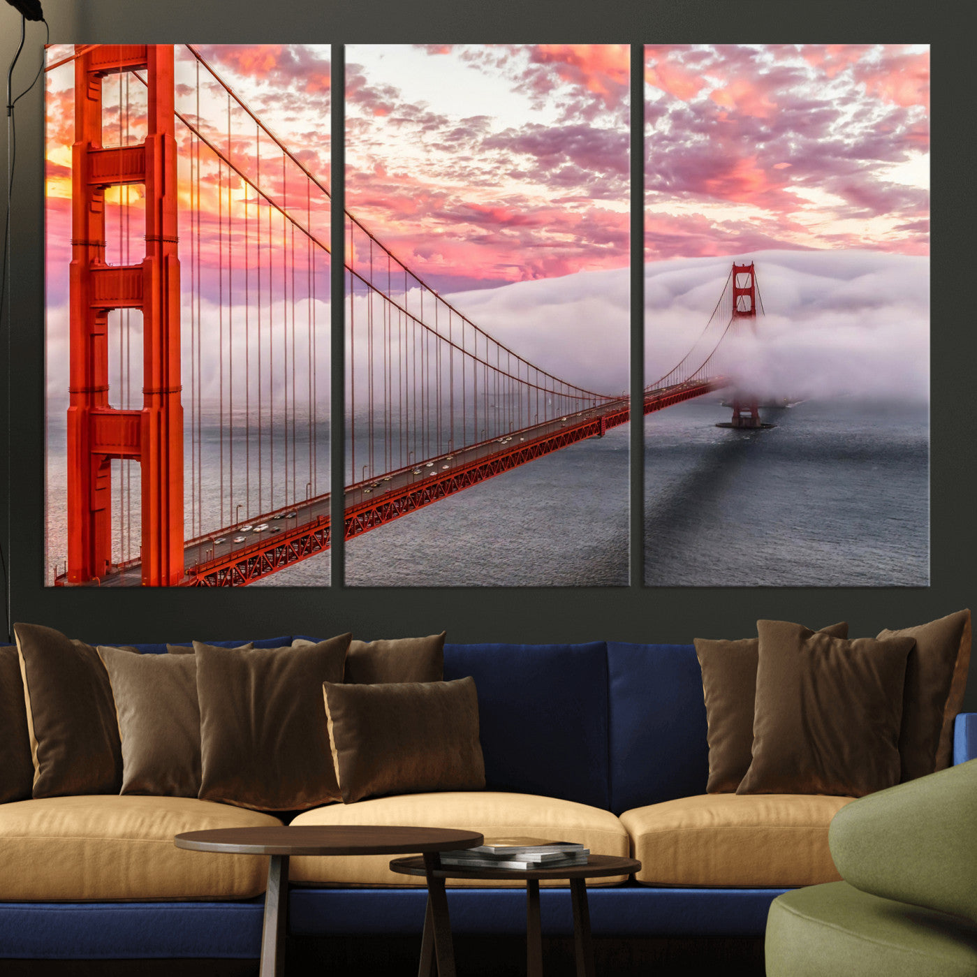 58813635-MGV-CV-36X24 - Golden Gate Bridge Wall Art Canvas Print, San Francisco City Landmark Wall Decor, Foggy Sunset Bridge Artwork, Modern Cityscape Canvas Wall Art, Framed Canvas Wall Art Ready to Hang