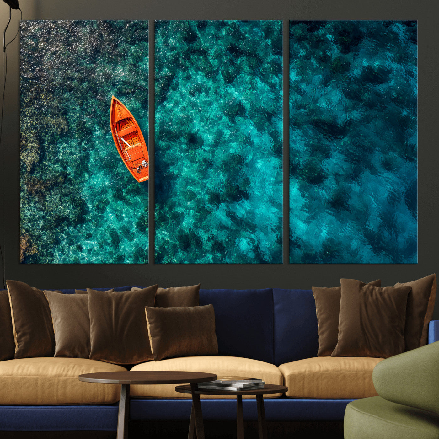 51638658-MGV-CV-36X24 - Turquoise Ocean Boat Wall Art Canvas Print, Aerial Sea Landscape Artwork, Minimal Coastal Water Scene, Modern Blue Ocean Canvas Wall Art Print