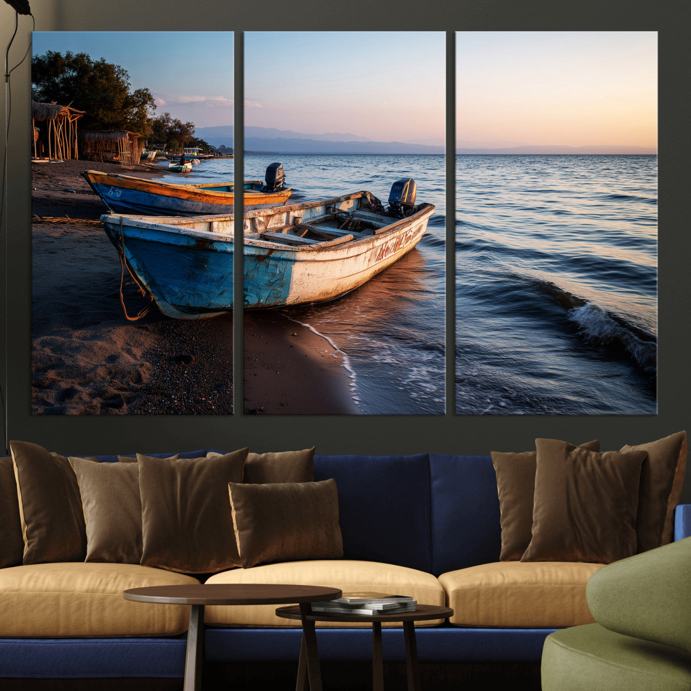 48310406-MGV-CV-36X24 - Coastal Fishing Boats Wall Art Canvas Print, Sunset Beach Boat Scene, Rustic Seaside Landscape Artwork, Calm Ocean Shore Wall Art