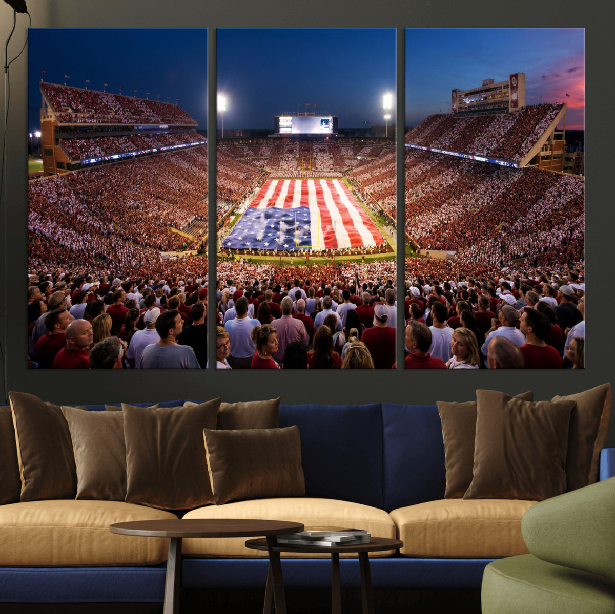 59917418-MGV-CV-36X24 - Oklahoma Memorial Stadium Wall Art Canvas Print – Oklahoma Sooners Football Artwork for Home, Office, and Sports Room Decor