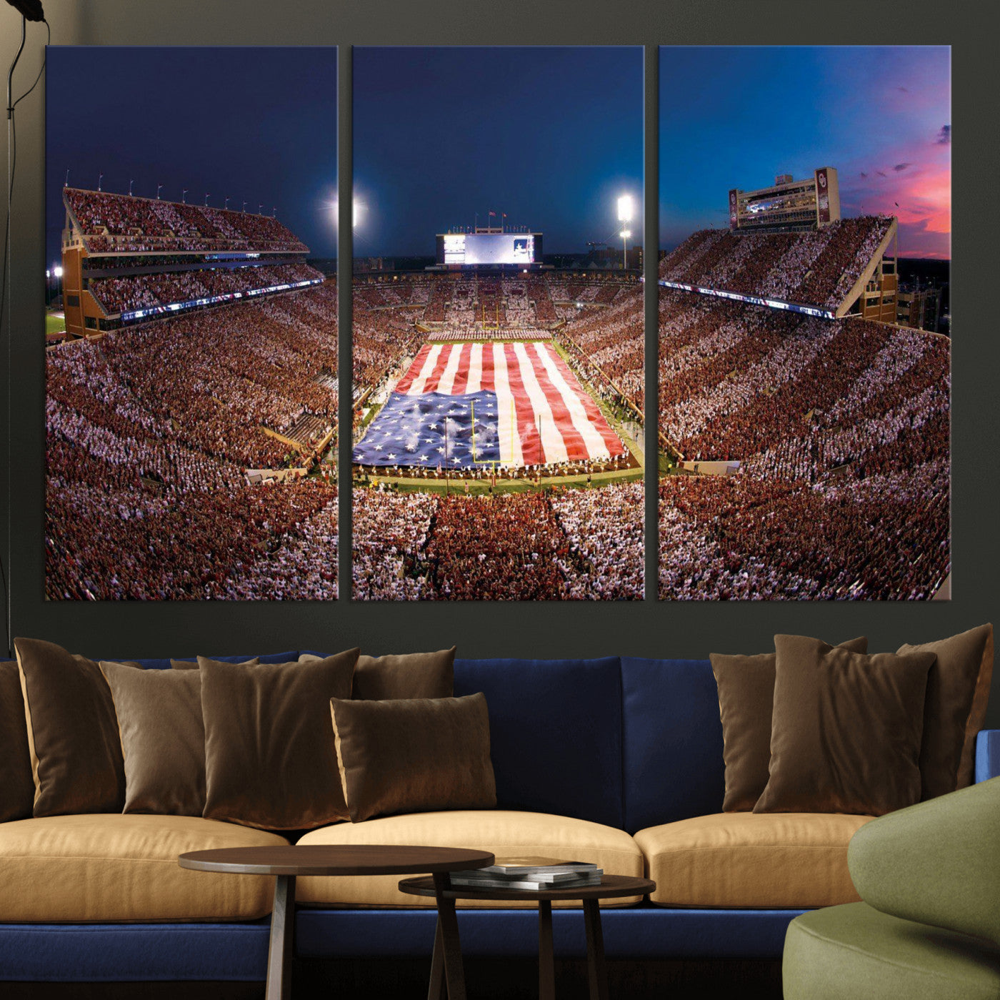 59917418-MGV-CV-36X24 - Oklahoma Memorial Stadium Wall Art Canvas Print – Oklahoma Sooners Football Artwork for Home, Office, and Sports Room Decor
