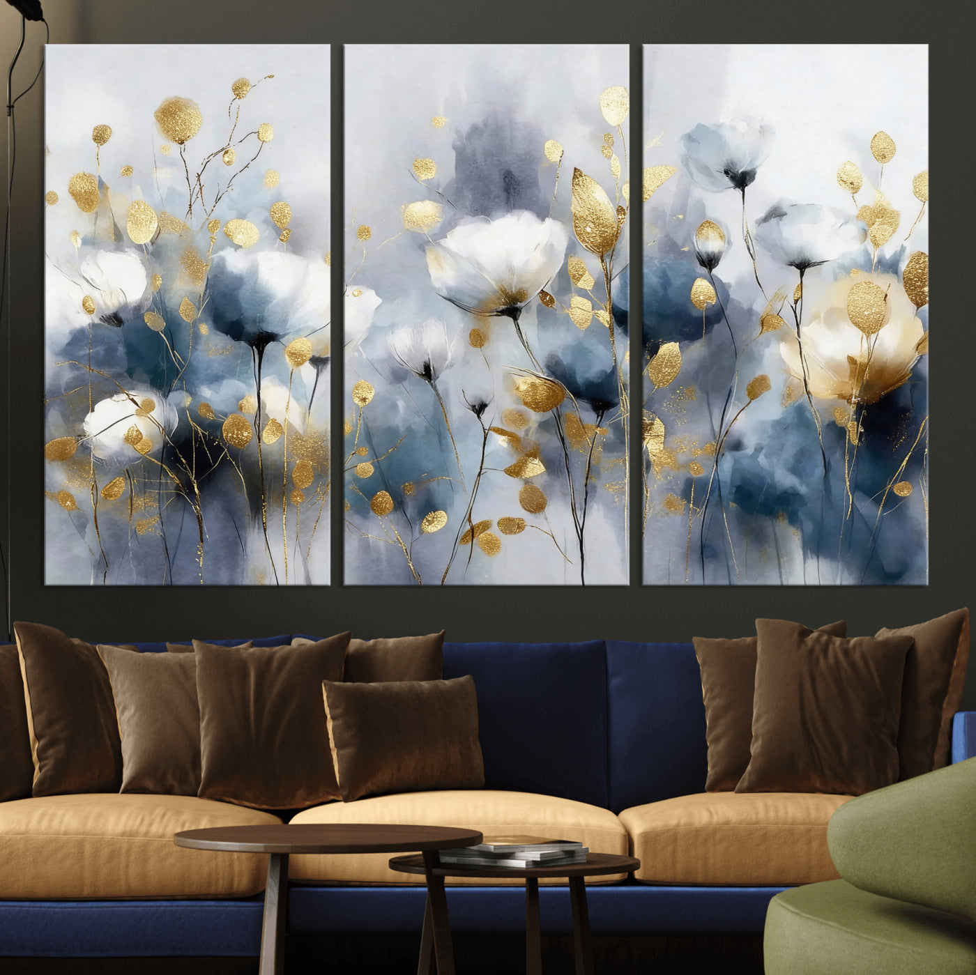 84358857-MGV-CV-36X24 - Large Abstract Flowers Wall Art Canvas Print – Gold and Blue Botanical Artwork for Living Room, Bedroom, and Office Decor
