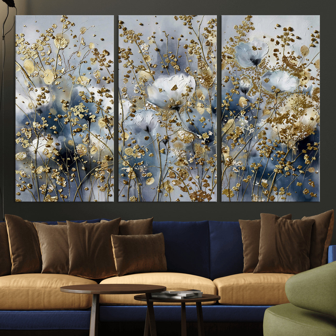 24499670-MGV-CV-36X24 - Abstract Floral Wall Art Canvas Print – Gold and Blue Botanical Artwork for Living Room, Bedroom, and Office Decor