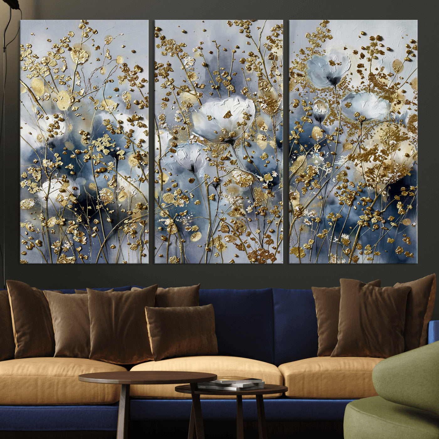 24499670-MGV-CV-36X24 - Abstract Floral Wall Art Canvas Print – Gold and Blue Botanical Artwork for Living Room, Bedroom, and Office Decor