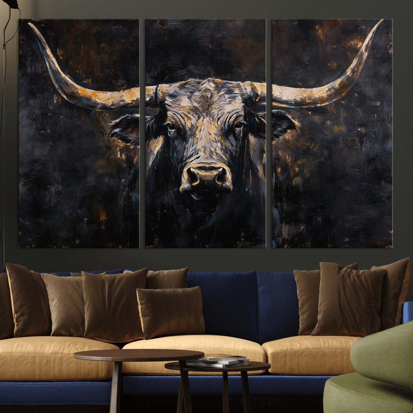 17622011-MGV-CV-36X24 - Abstract Longhorn Bull Wall Art Canvas Print – Dark Rustic Western Cattle Artwork for Farmhouse, Ranch, Cabin, and Office Decor