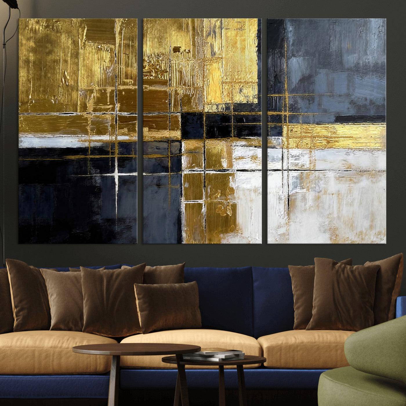 76917030-MGV-CV-36X24 - Gold Navy Abstract Wall Art Canvas Print, Modern Luxury Geometric Painting Wall Decor for Living Room and Office