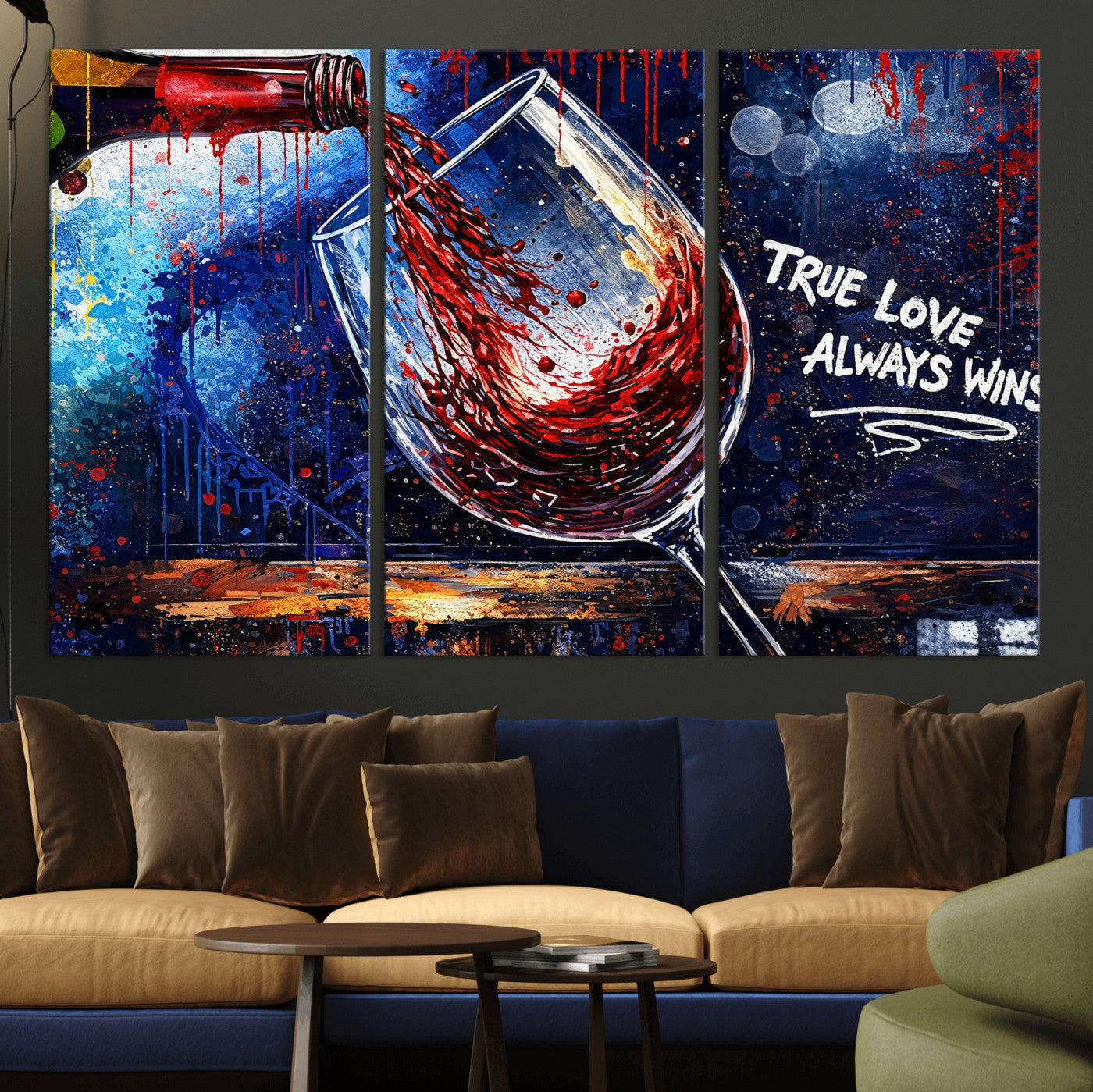 88788932-MGV-CV-36X24 - Red Wine Splash Abstract Wall Art Canvas Print, Modern Wine Glass Painting Canvas Print, Romantic Quote Contemporary Bar Art Print