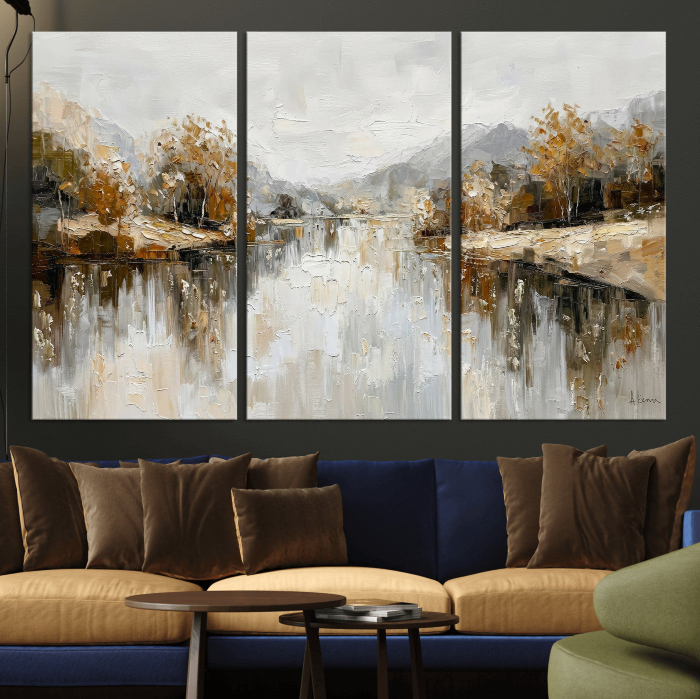 78227690-MGV-CV-36X24 - Neutral Abstract Lake Landscape Wall Art Canvas Print, Modern Minimal River Reflection Canvas Print, Beige Gray Contemporary Nature Art Printing