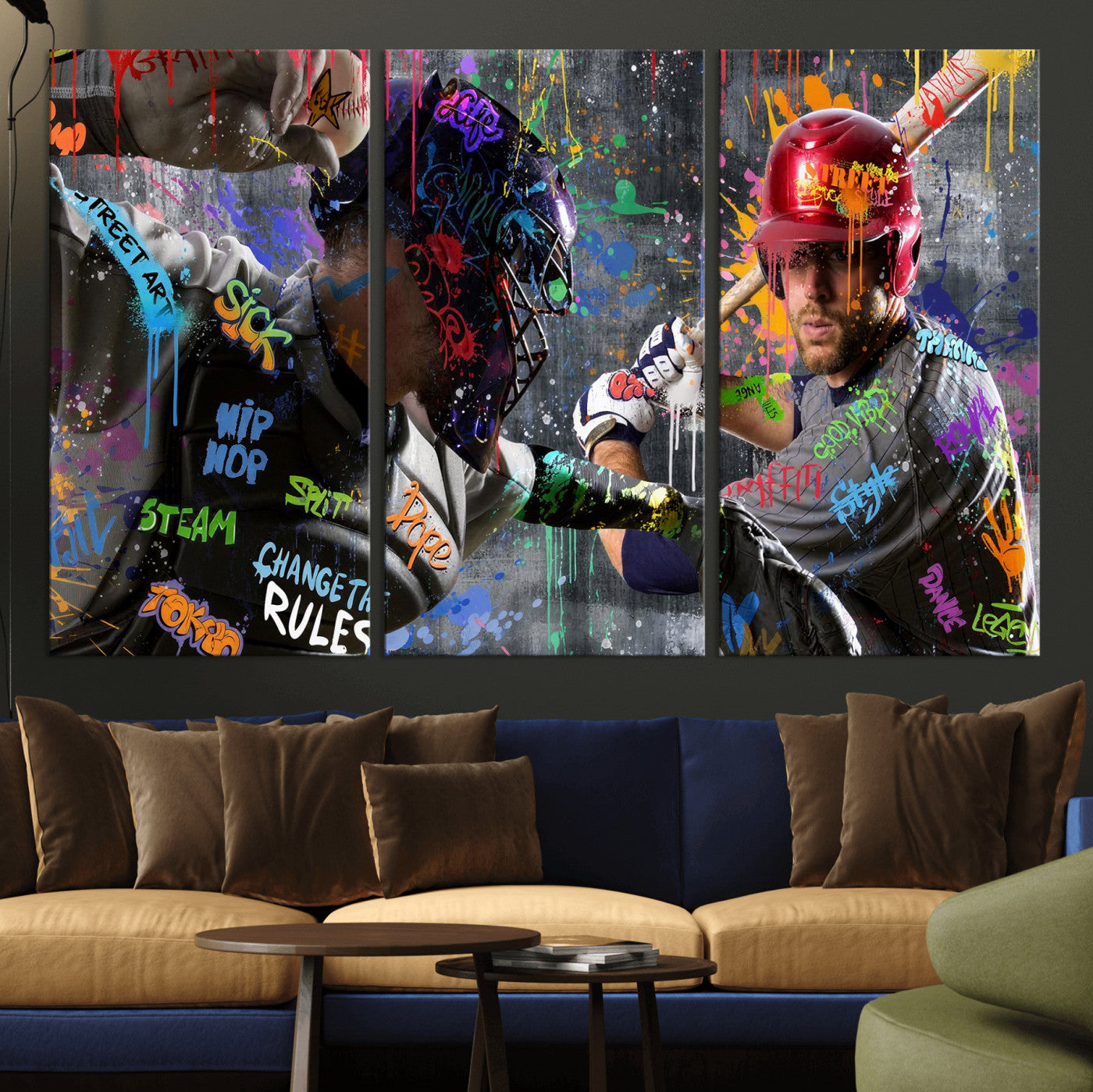 19634994-MGV-CV-36X24 - Graffiti Baseball Player Street Art Wall Art Canvas Print, Urban Sports Pop Art Baseball Canvas Print, Modern Athletic Graffiti Contemporary Art Printing