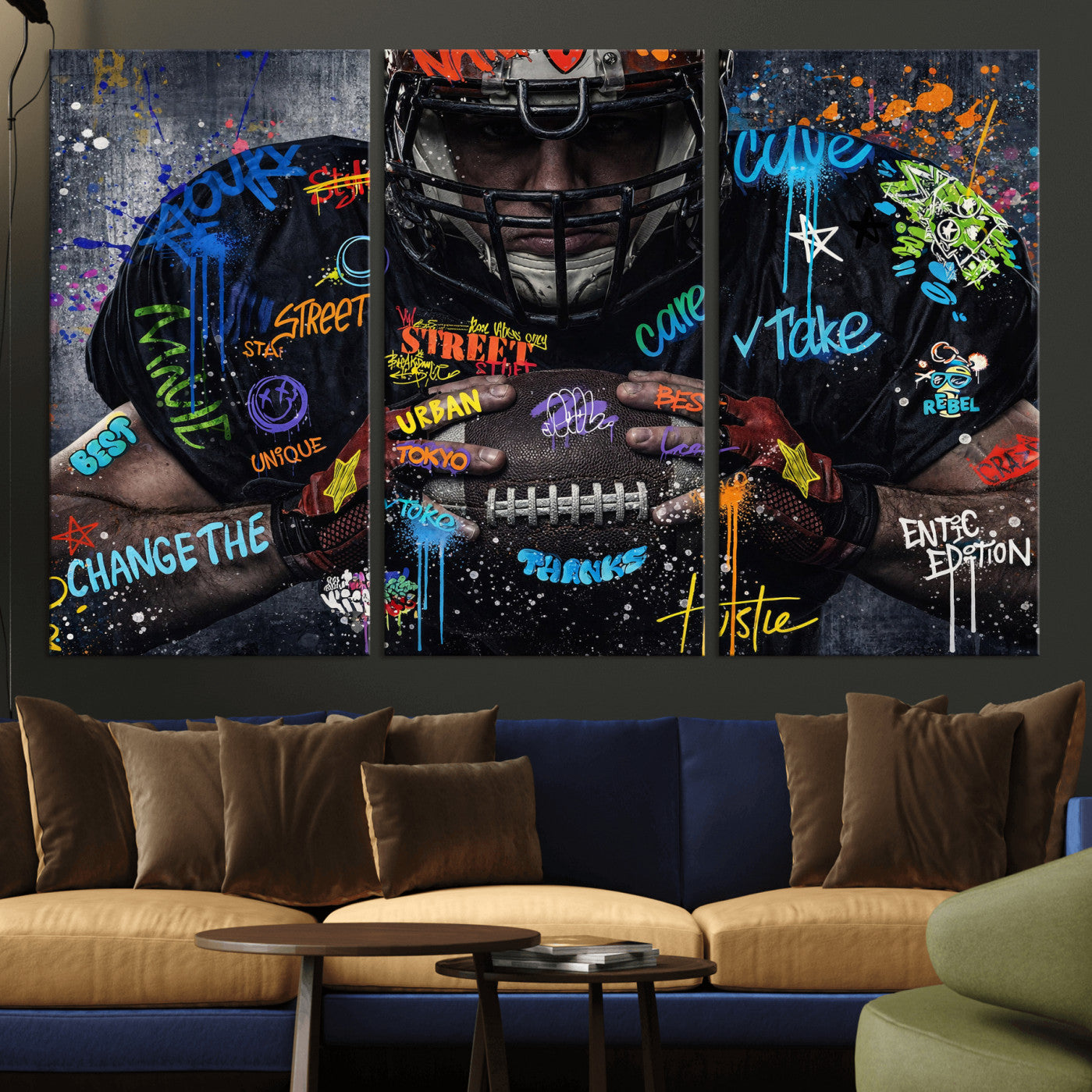 55267256-MGV-CV-36X24 - Graffiti American Football Player Street Art Wall Art Canvas Print, Urban Sports Pop Art Football Canvas Print, Modern Athletic Graffiti Contemporary Art Printing