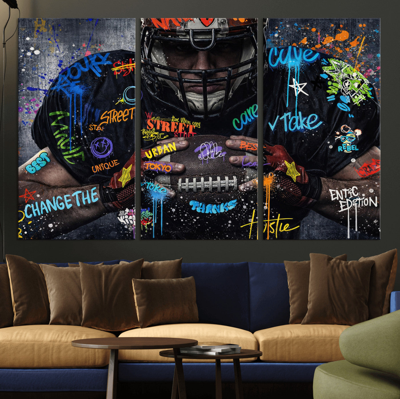 55267256-MGV-CV-36X24 - Graffiti American Football Player Street Art Wall Art Canvas Print, Urban Sports Pop Art Football Canvas Print, Modern Athletic Graffiti Contemporary Art Printing