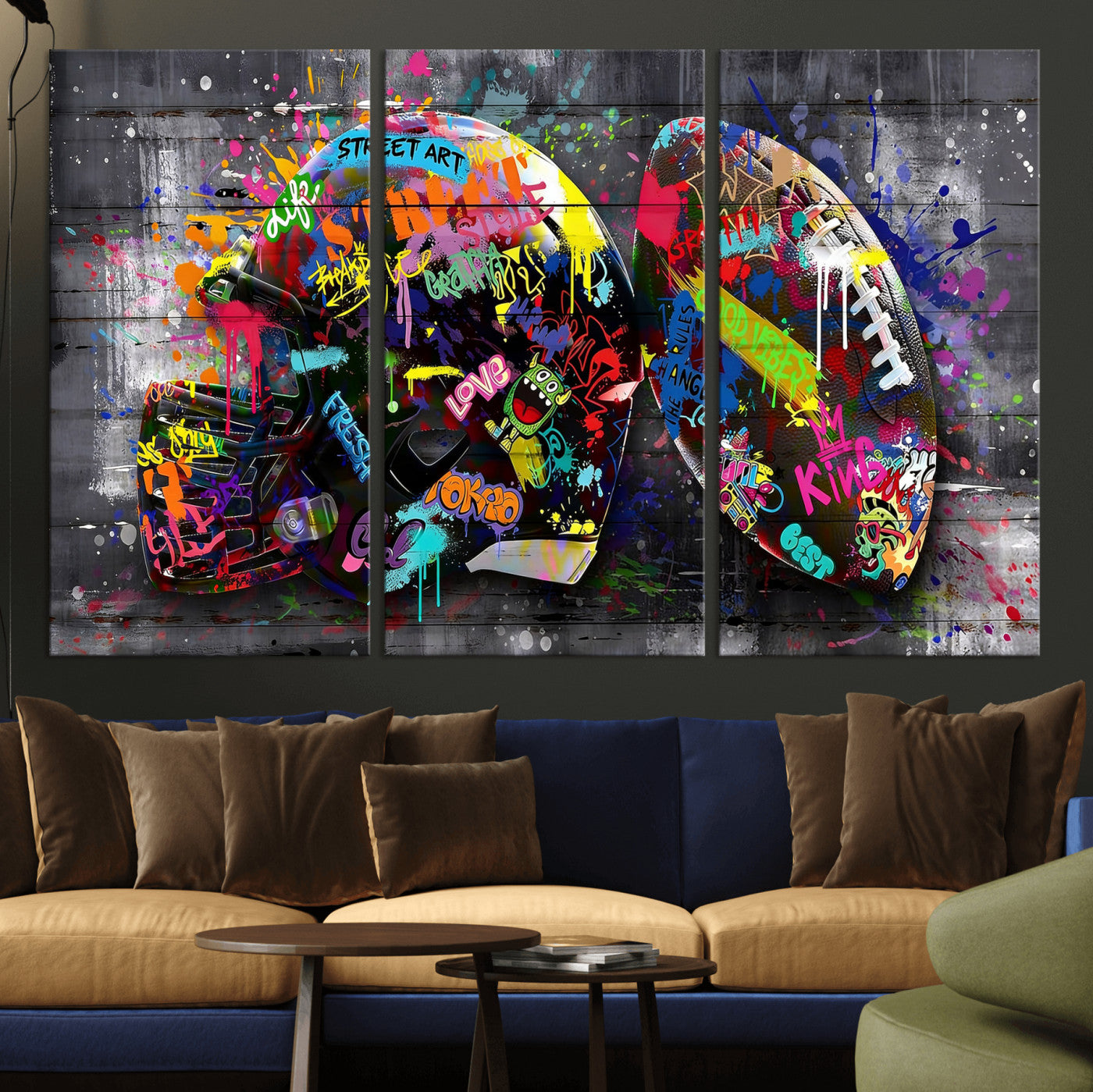 80540773-MGV-CV-36X24 - Graffiti American Football Helmet Street Art Wall Art Canvas Print, Urban Sports Pop Art Football Canvas Print, Colorful Graffiti Sports Contemporary Art Printing