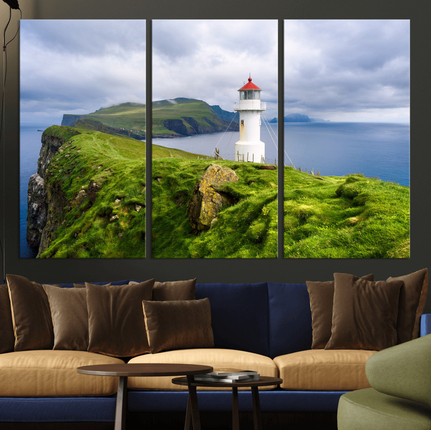 10680390-MGV-CV-36X24 - Coastal Lighthouse Wall Art Canvas Print, Cliffside Ocean Landscape Canvas Print, Scandinavian Coastal Decor for Living Room