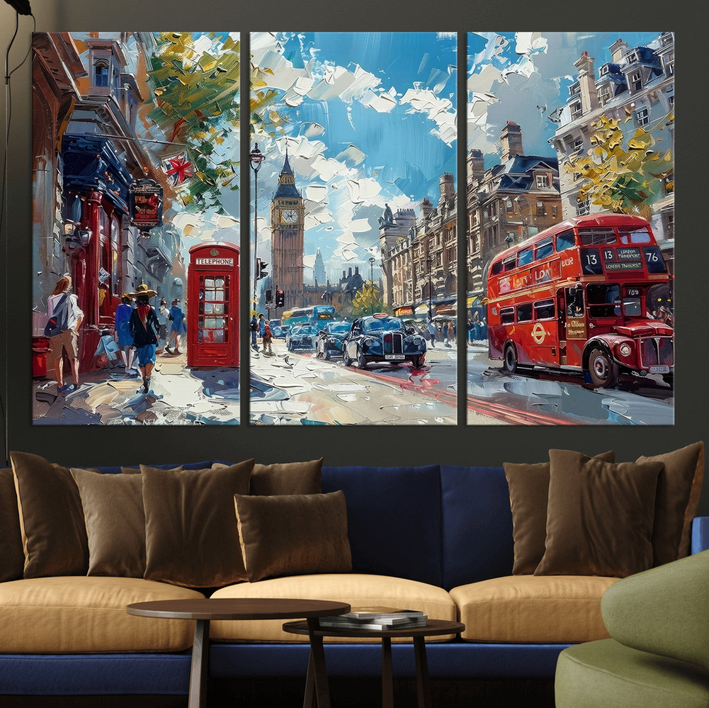 17630888-MGV-CV-36X24 - Modern London City Street Wall Art Canvas Print, Big Ben & Red Bus Artwork Canvas Print