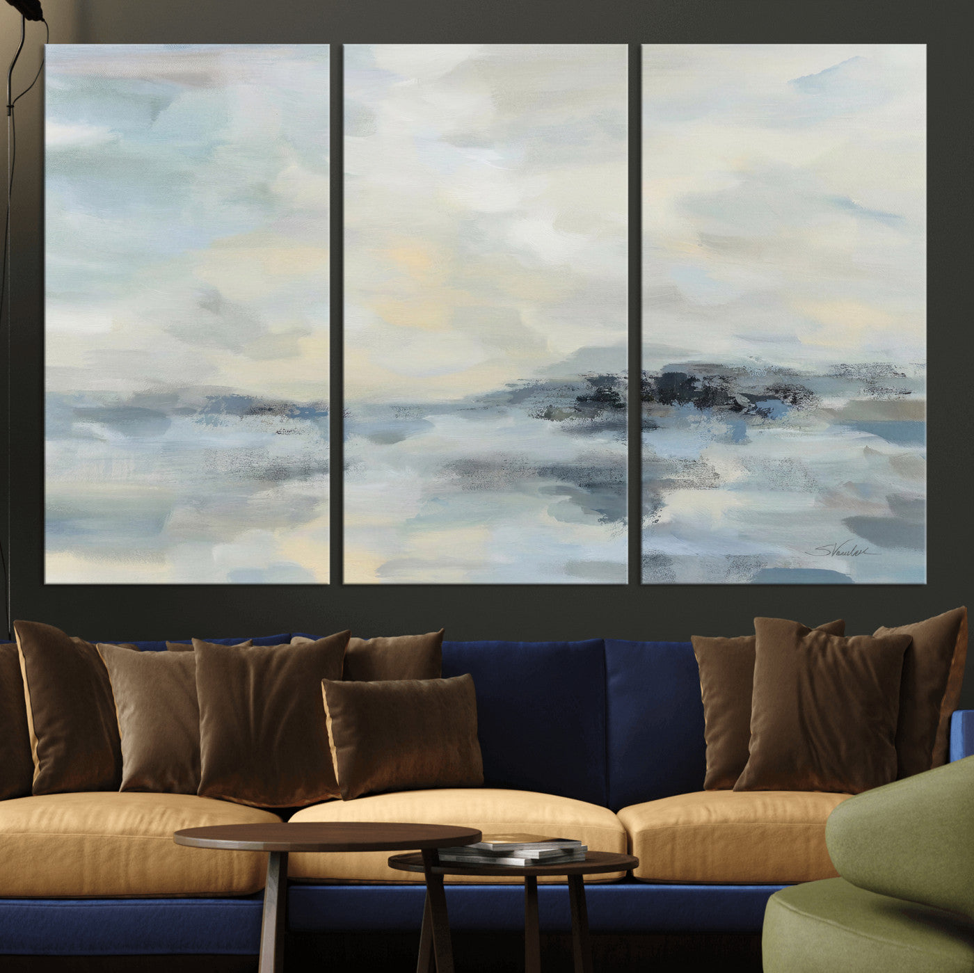 24647355-MGV-CV-36X24 - Abstract Coastal Landscape Wall Art Canvas Print – Soft Blue Gray Minimalist Painting