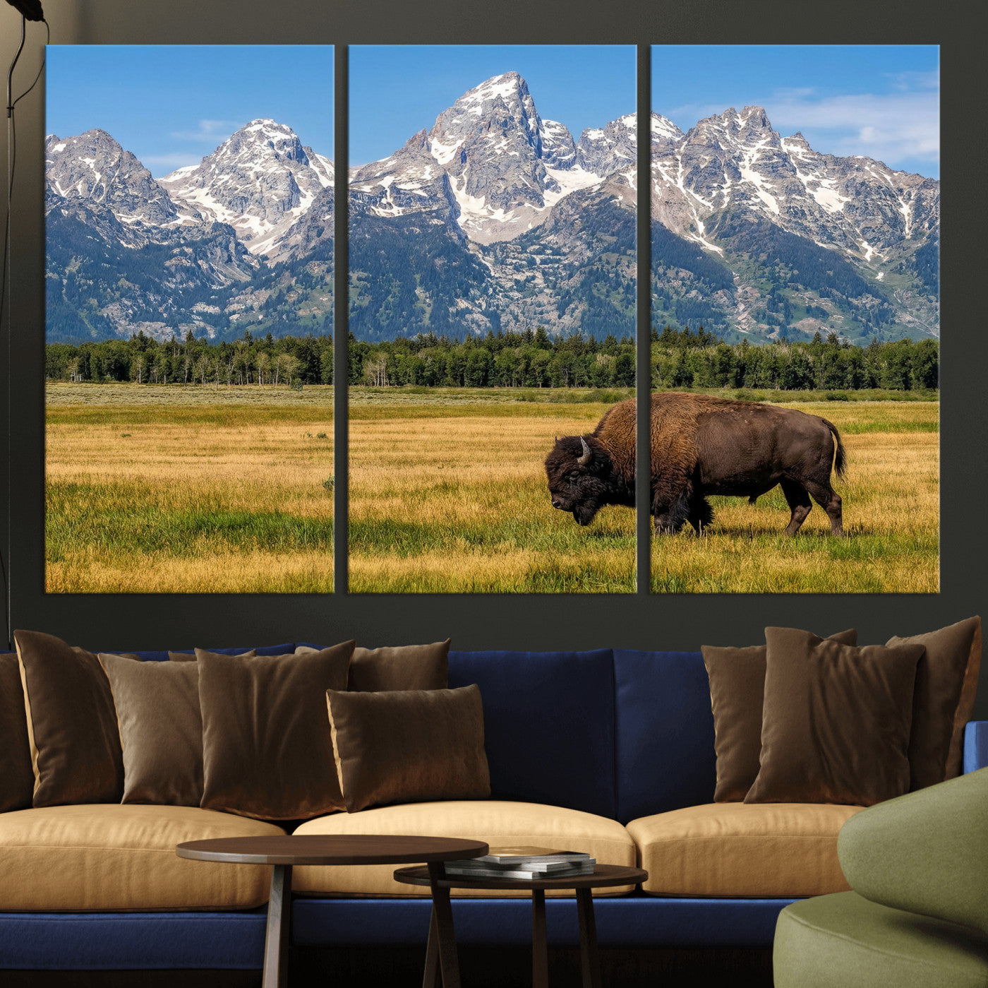 20424529-MGV-CV-36X24 - Bison in Mountain Landscape Wall Art Canvas Print – Western Wildlife Artwork for Rustic Living Room Decor