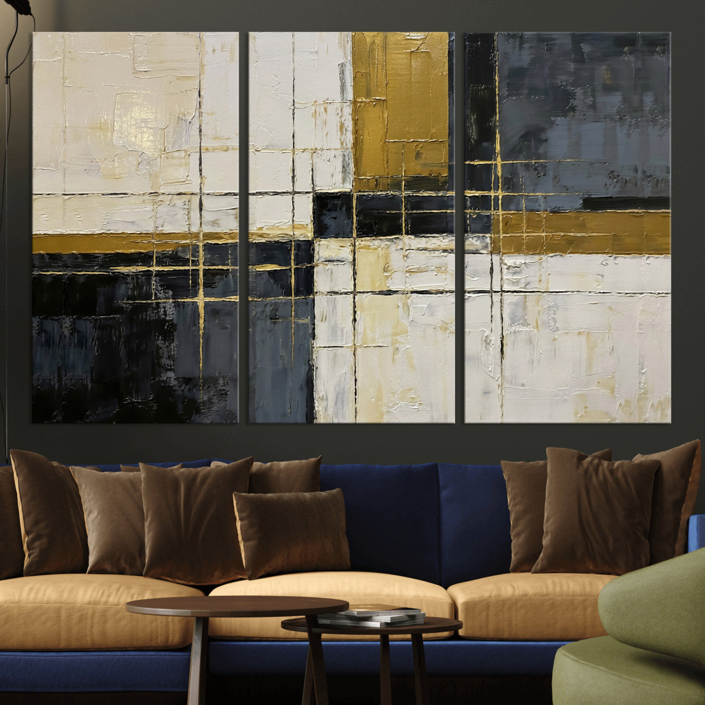 36097945-MGV-CV-36X24 - Abstract Gold and Black Wall Art Canvas Print – Modern Geometric Neutral Artwork for Living Room Decor